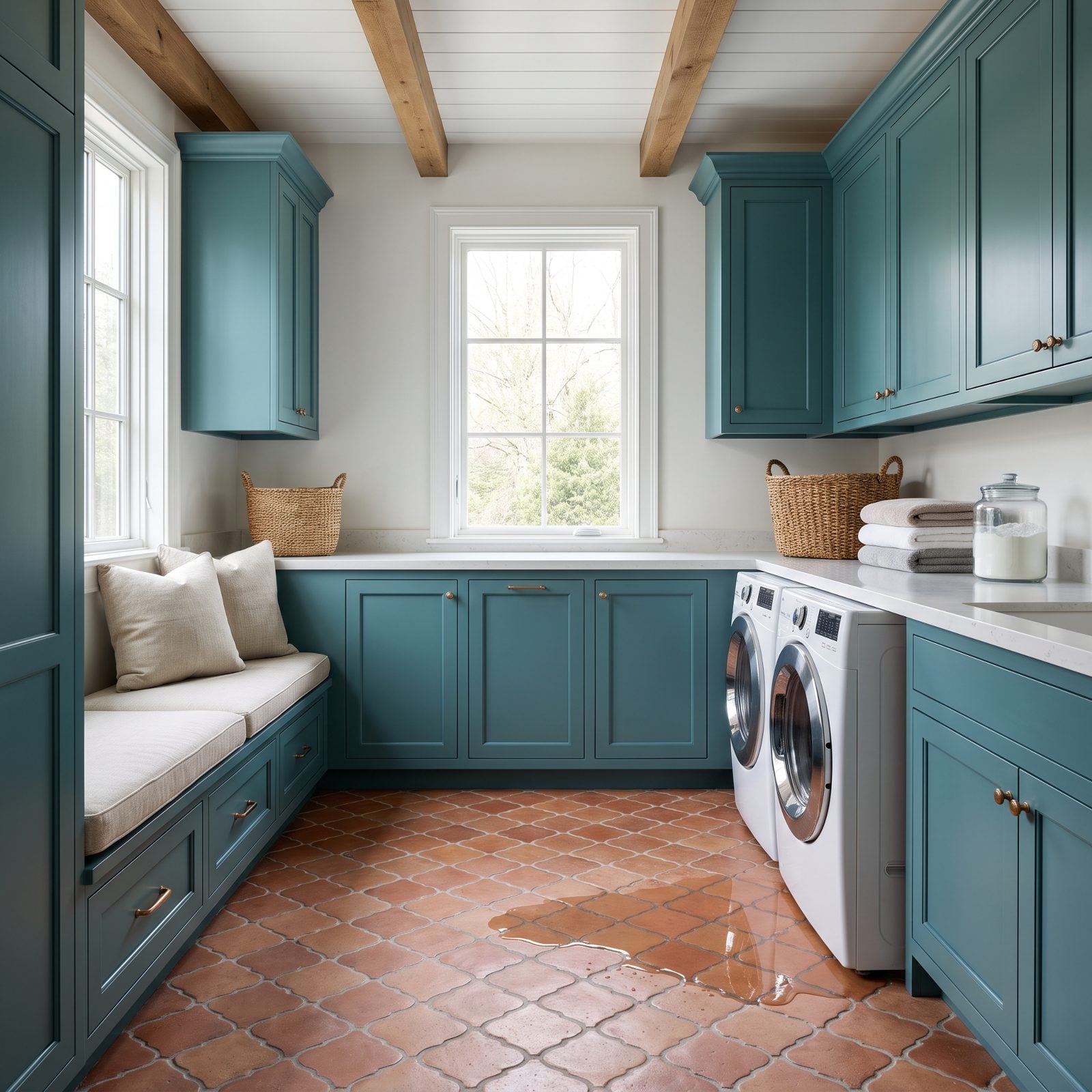 Upstairs laundry room with a washer sitting directly on hardwood flooring, no drain pan beneath it.