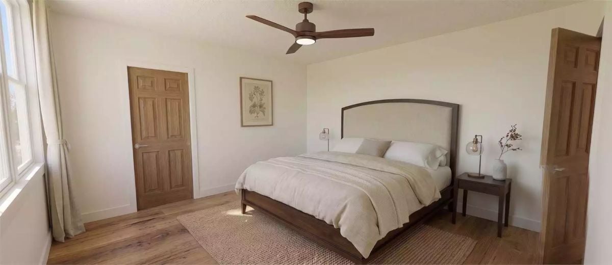 Warm Wood, Soft Linen, and a Ceiling Fan That Earns Its Keep