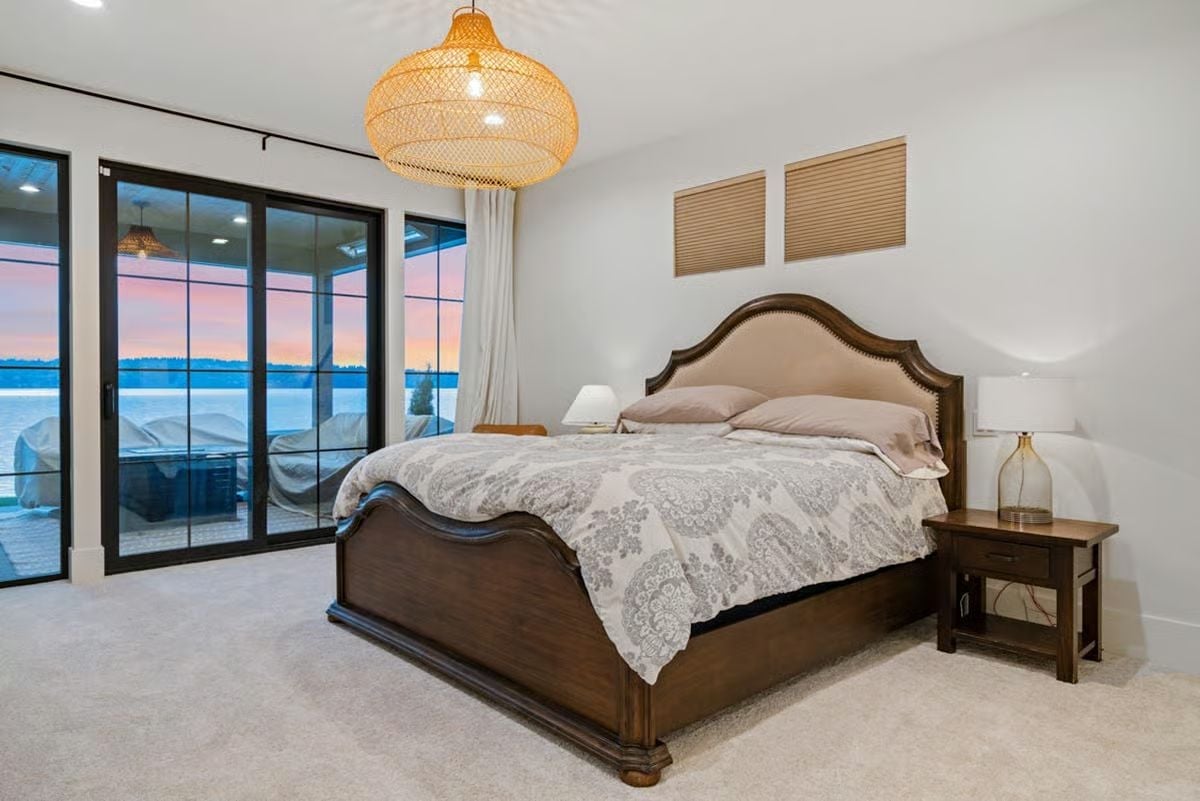 Woven Pendant, Upholstered Headboard, and a Lake Sunset You Wake Up To