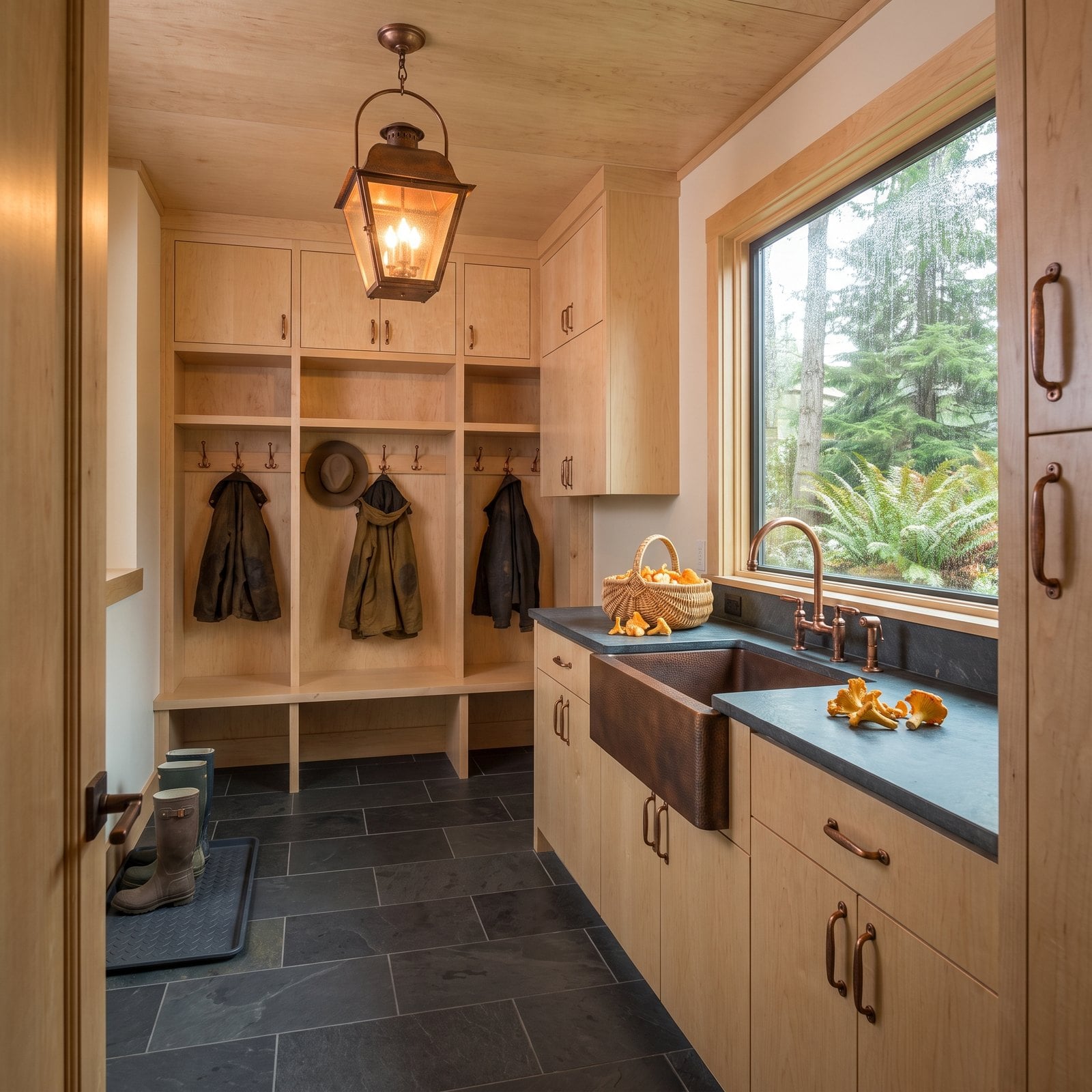 Rain Gear Hangs Over a Copper Utility Sink in a Pacific Northwest Mudroom