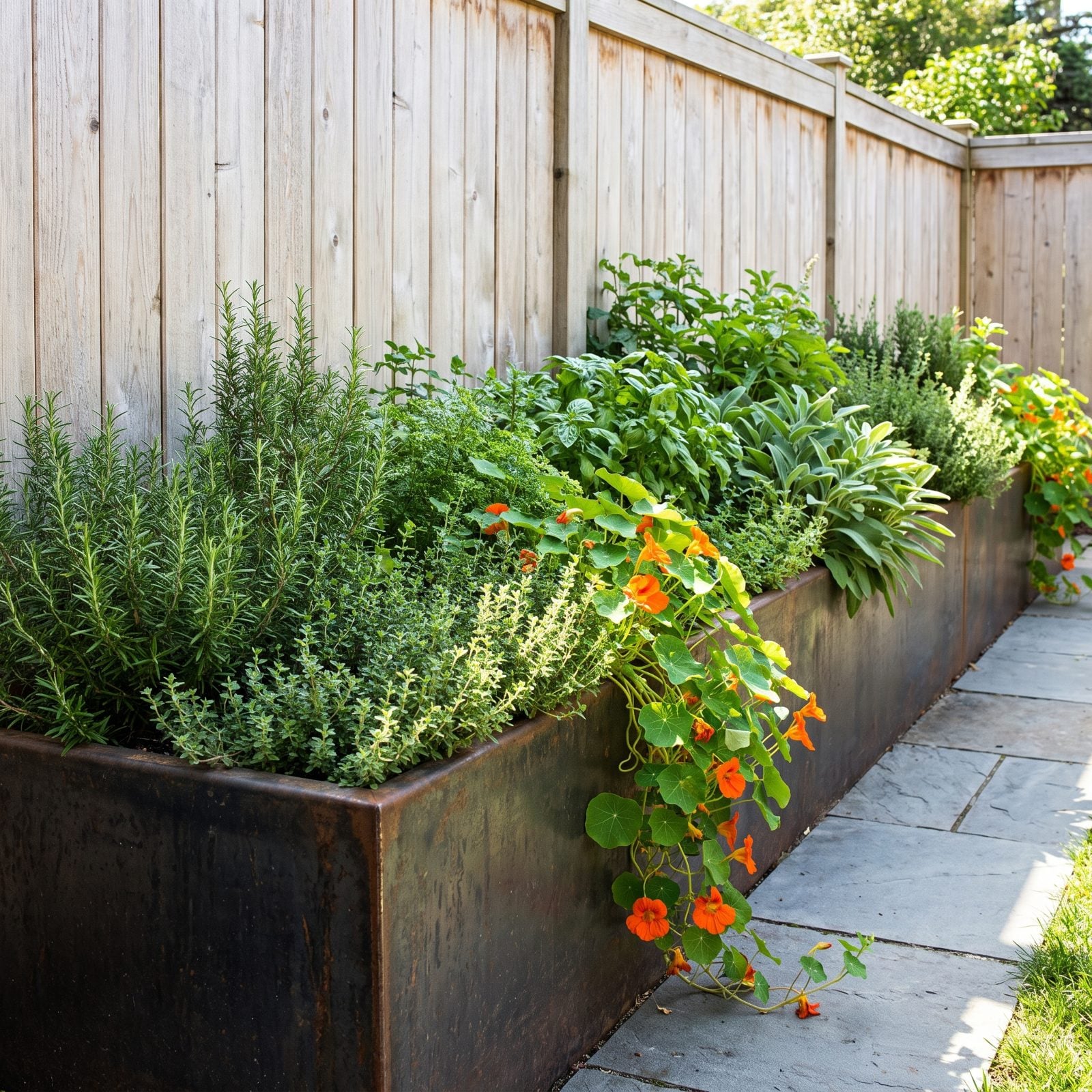 Raised Herb Bed Along a Fence