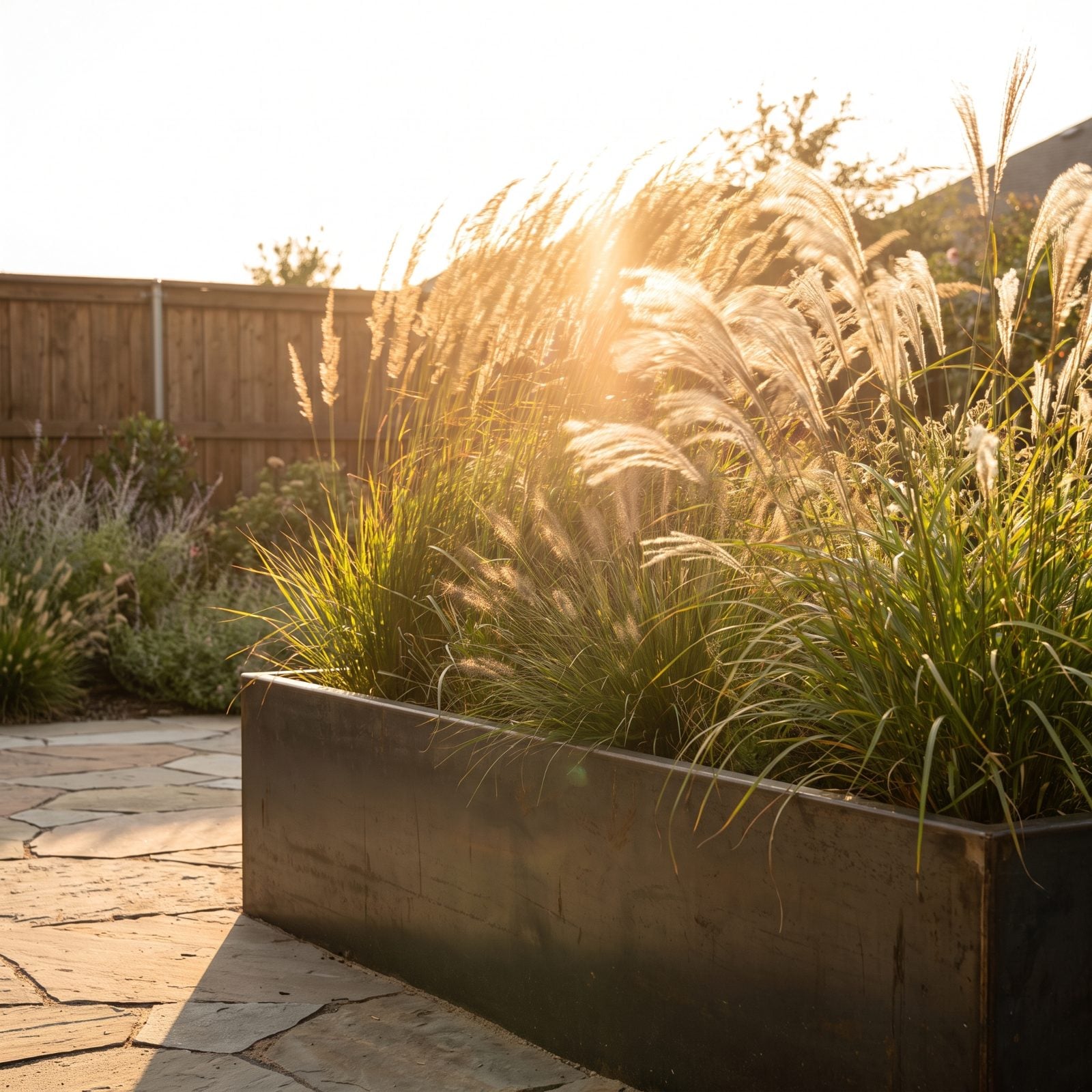 A Raised Planter Packed With Tall Grasses