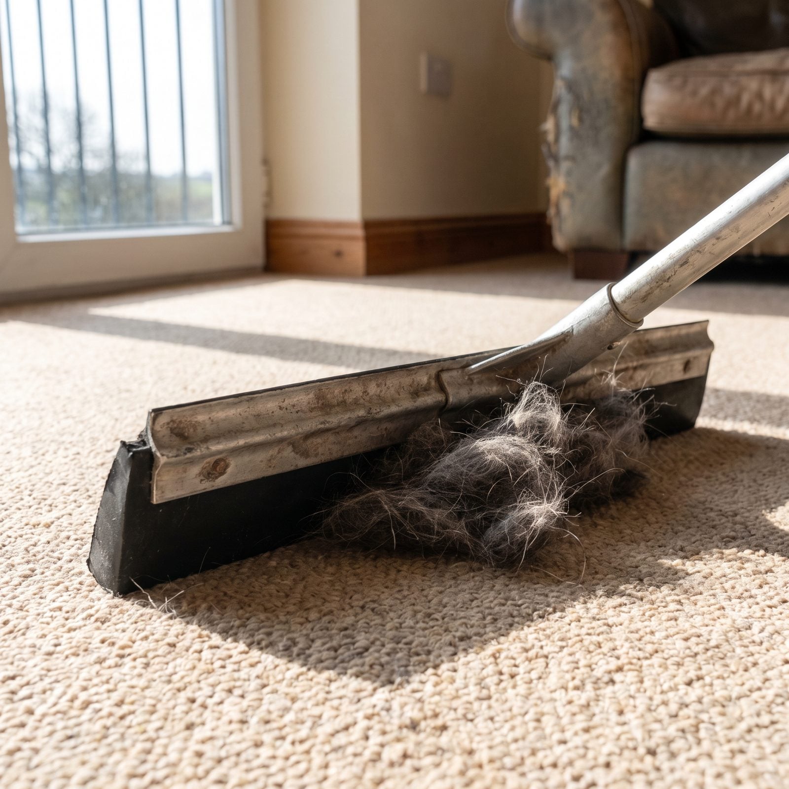 Rake Embedded Pet Hair From Carpet With a Rubber Window Squeegee