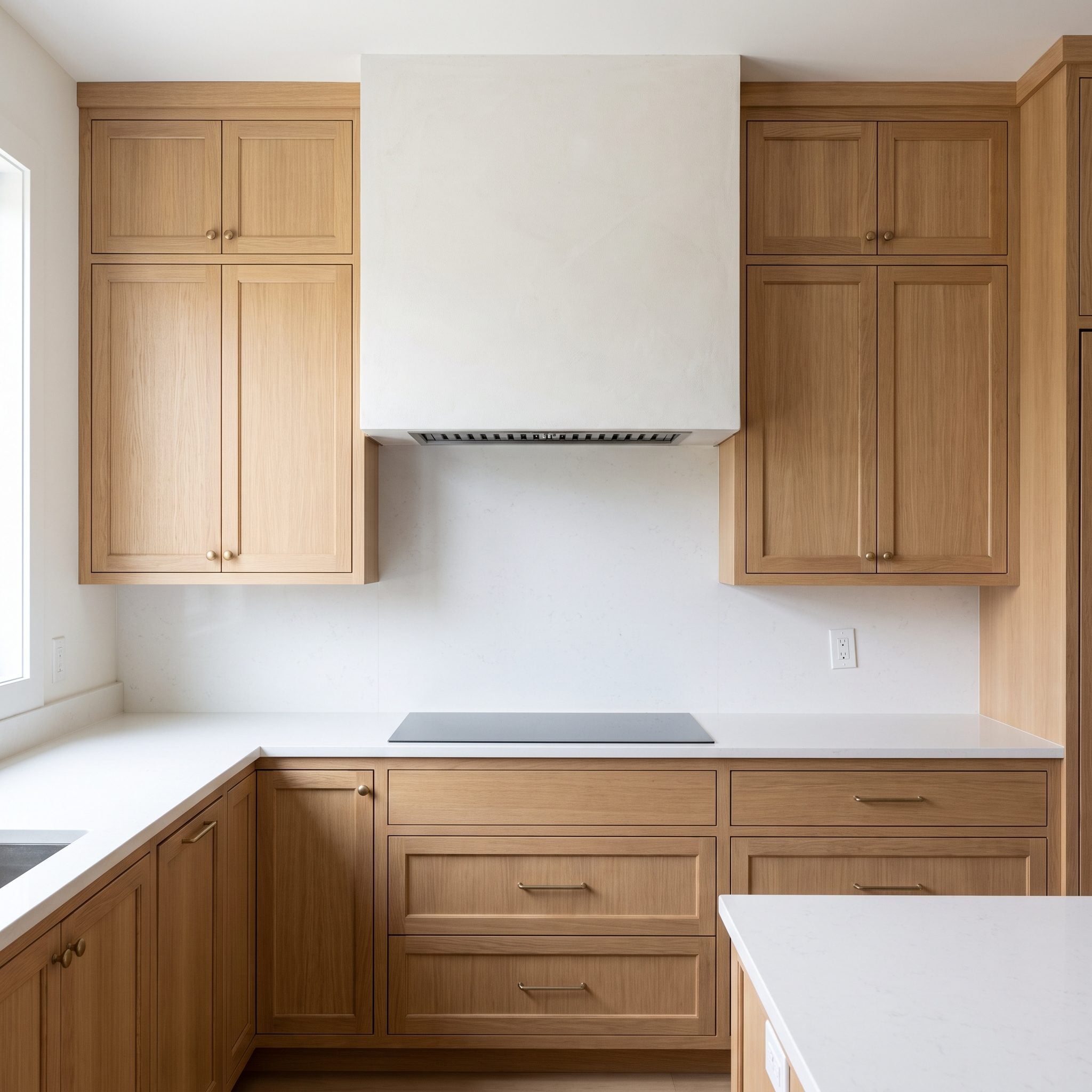 Taupe kitchen with a blue-gray marble-look porcelain focal backsplash behind the range