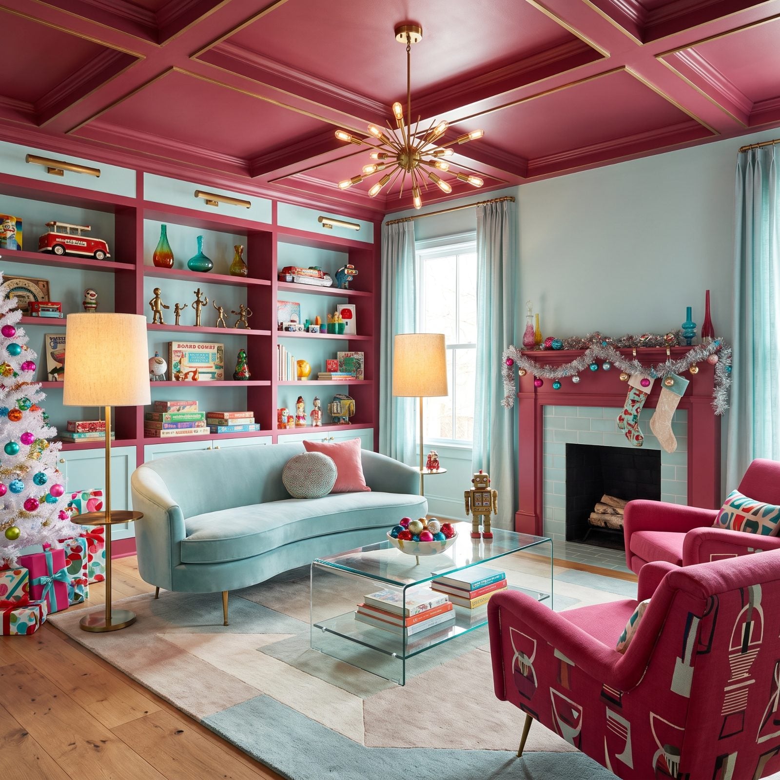 Raspberry and Pale Aqua: A Christmas Playroom That Earns a Grown-Up Look