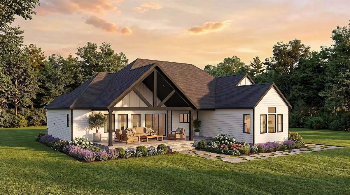 Covered Porch With Exposed Timber Gable Frames the Outdoor Living Area