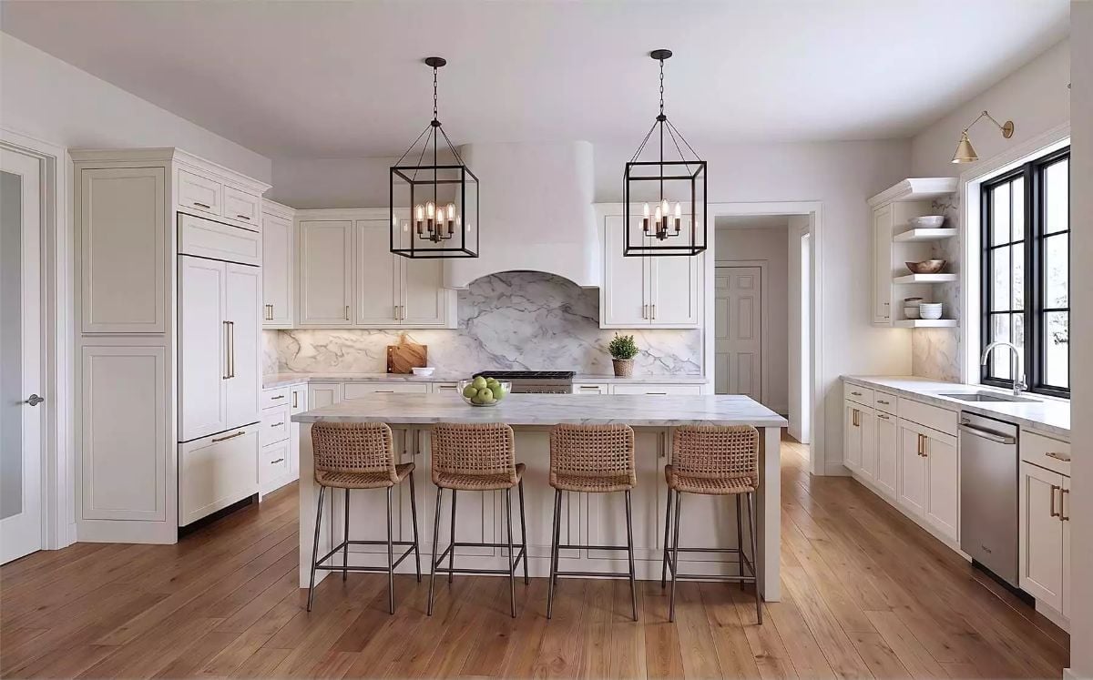 Lantern Pendants and Marble That Goes All the Way Up the Wall