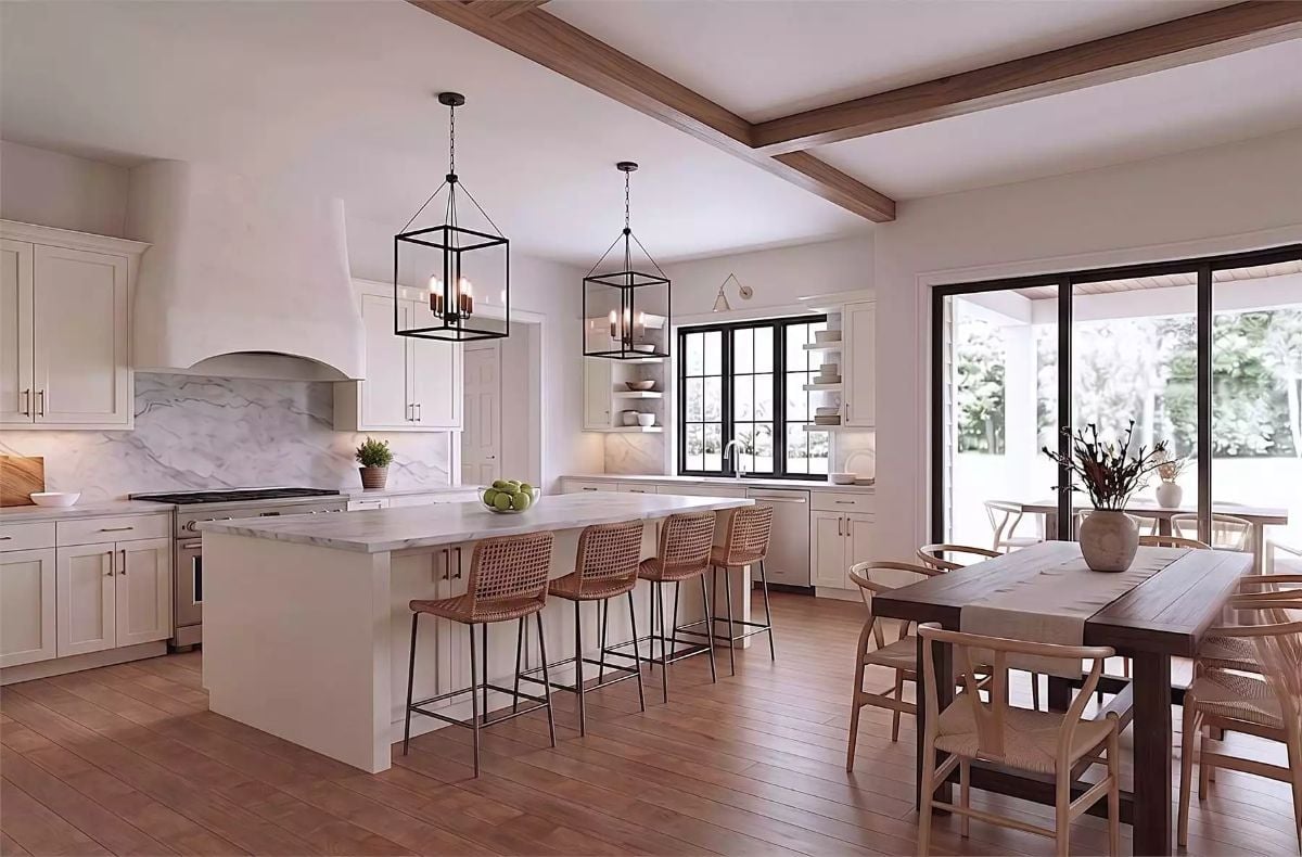 Marble, Rattan, and Exposed Ceiling Beams Pull This Kitchen Together Without Trying Too Hard
