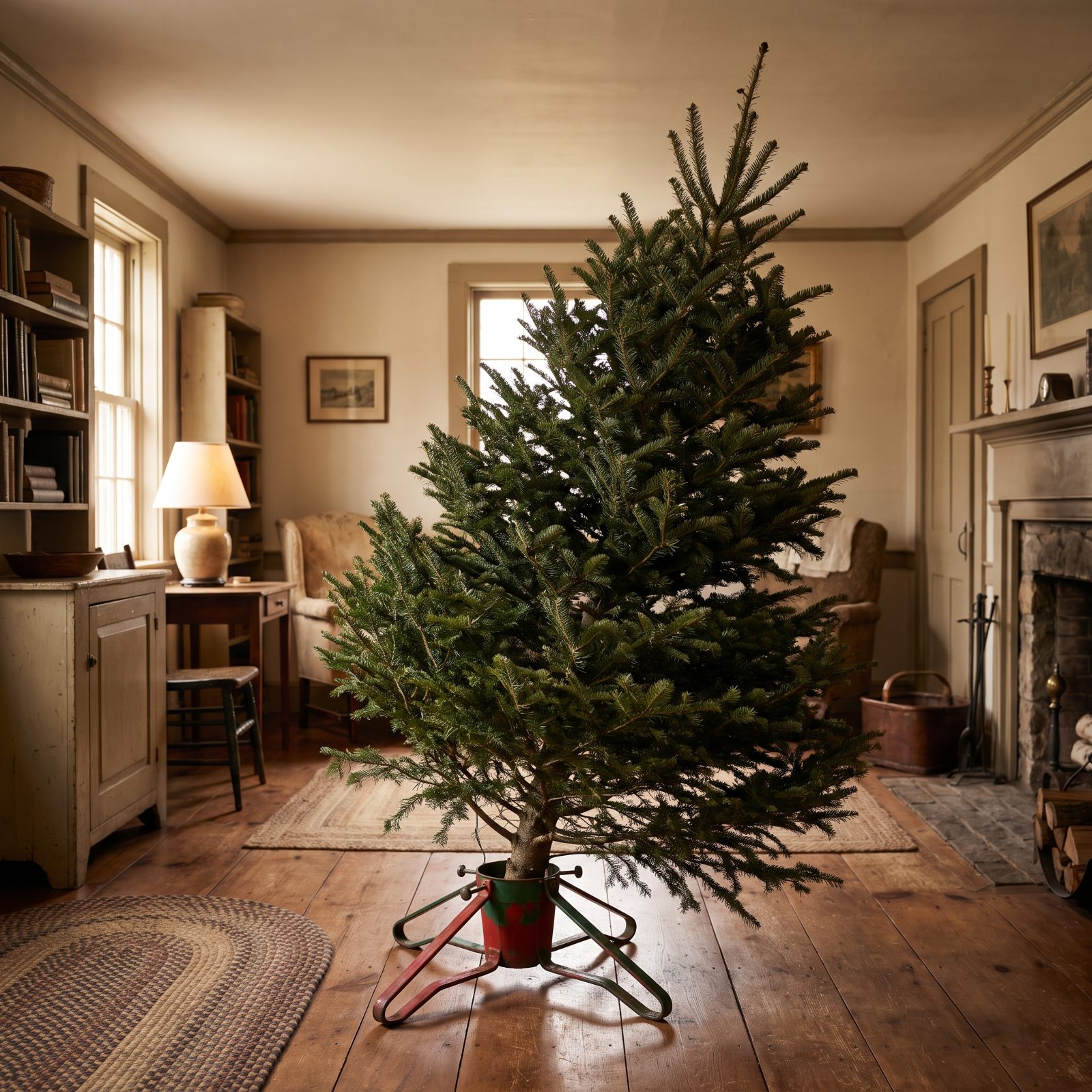 A Real Tree Standing in a Red-and-Green Metal Stand