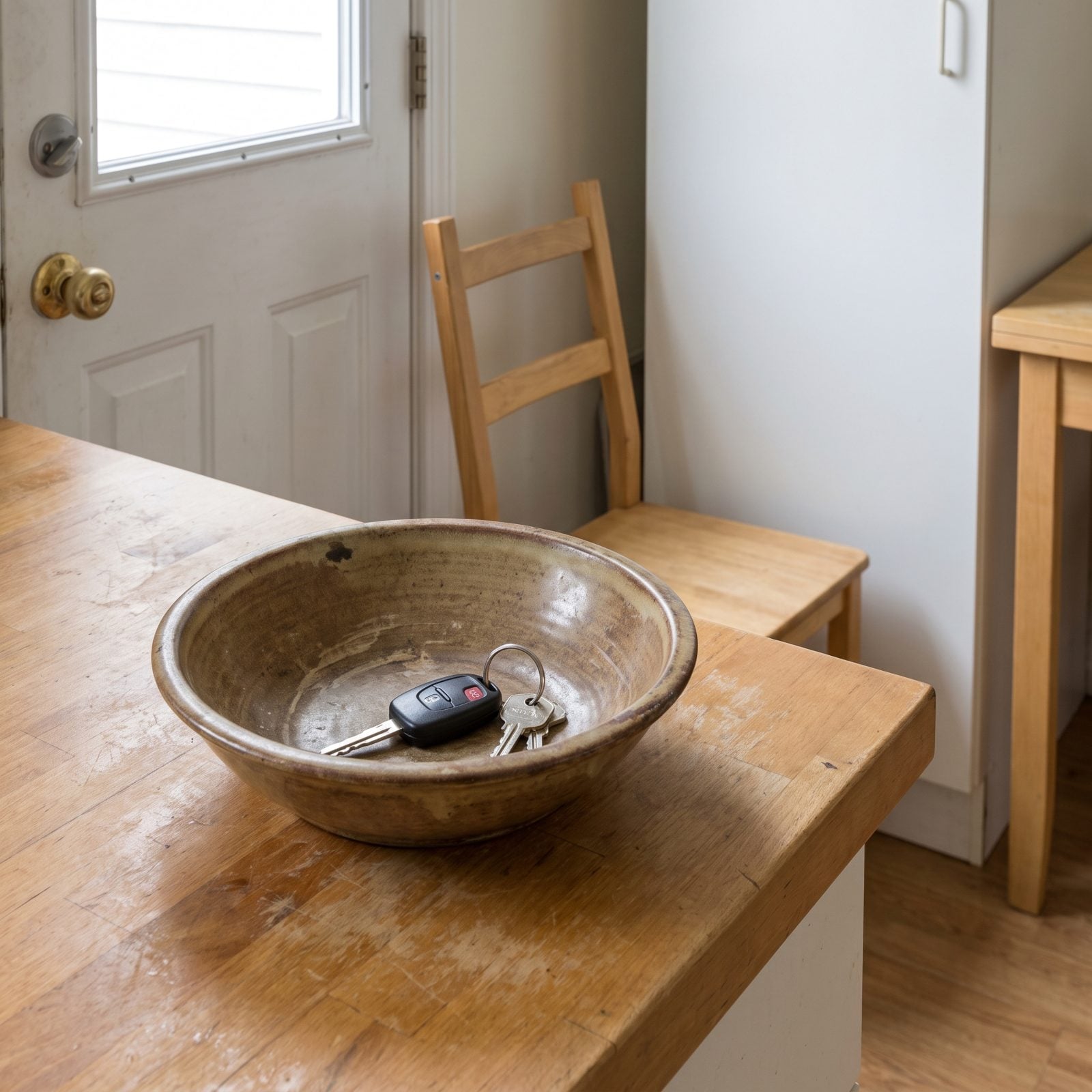 Kitchen counter beside a back door with car keys on a leather fob and a small dish of change next to the door.