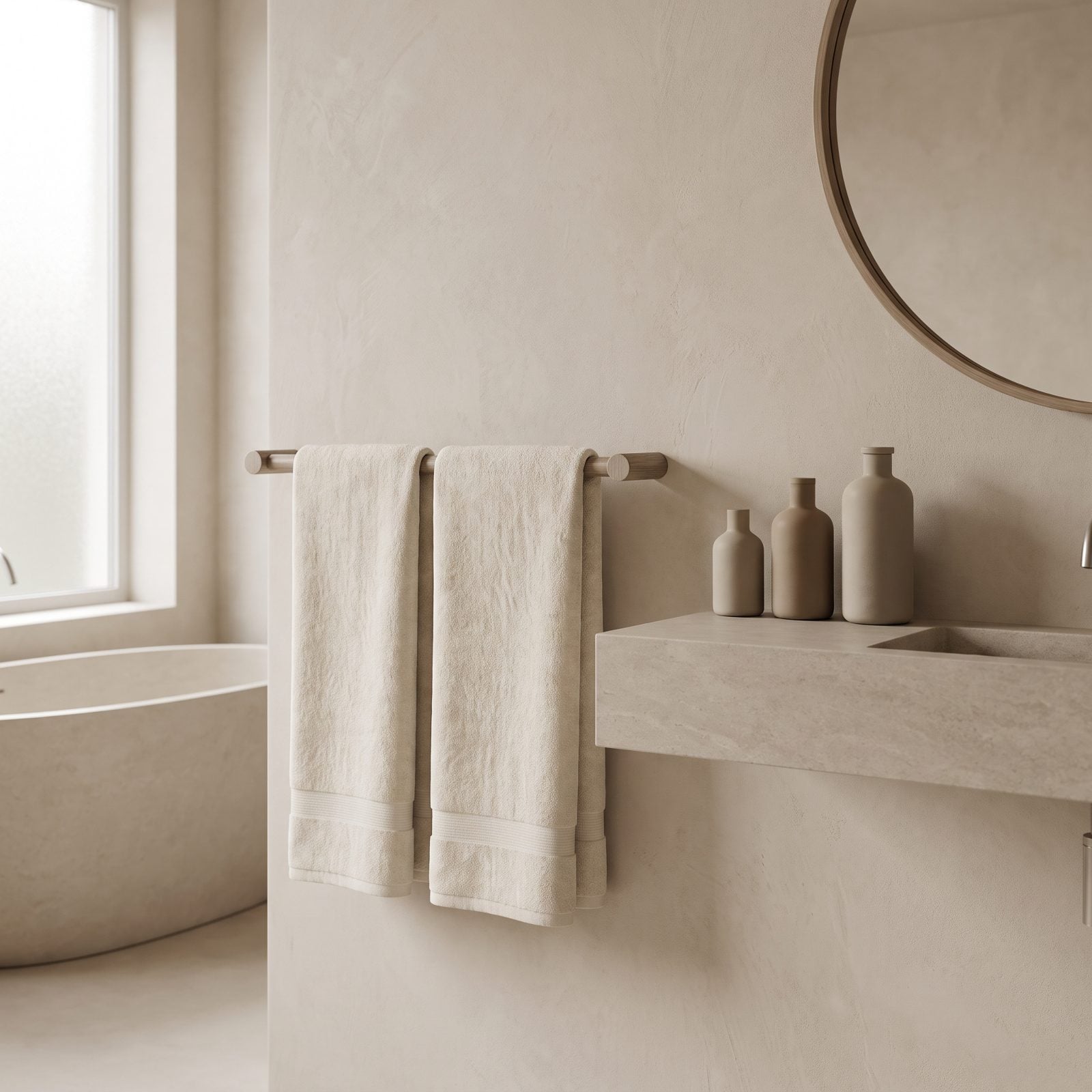 Bathroom with two matching folded sage-green towels on a bar and three pump bottles arranged by height on the vanity.