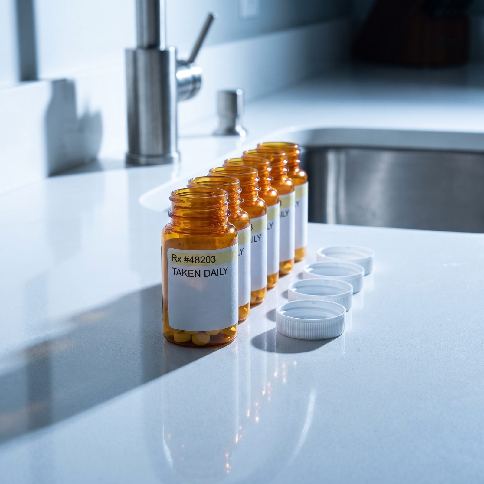 Counter beside a sink with four amber prescription bottles, a seven-day pill organizer, a glass of water, and a vitamin