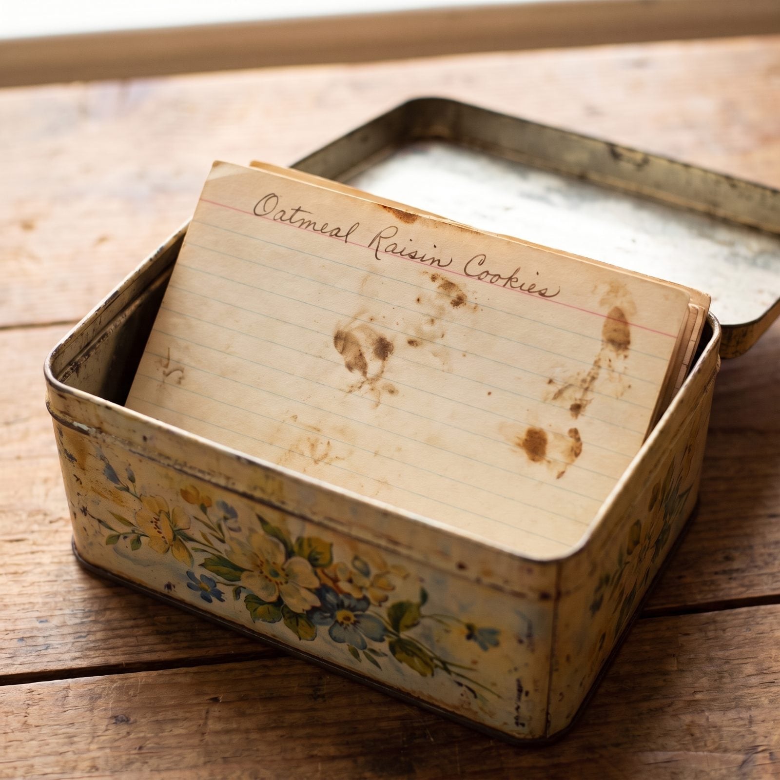 The Recipe Box Open to a Stained Cookie Card