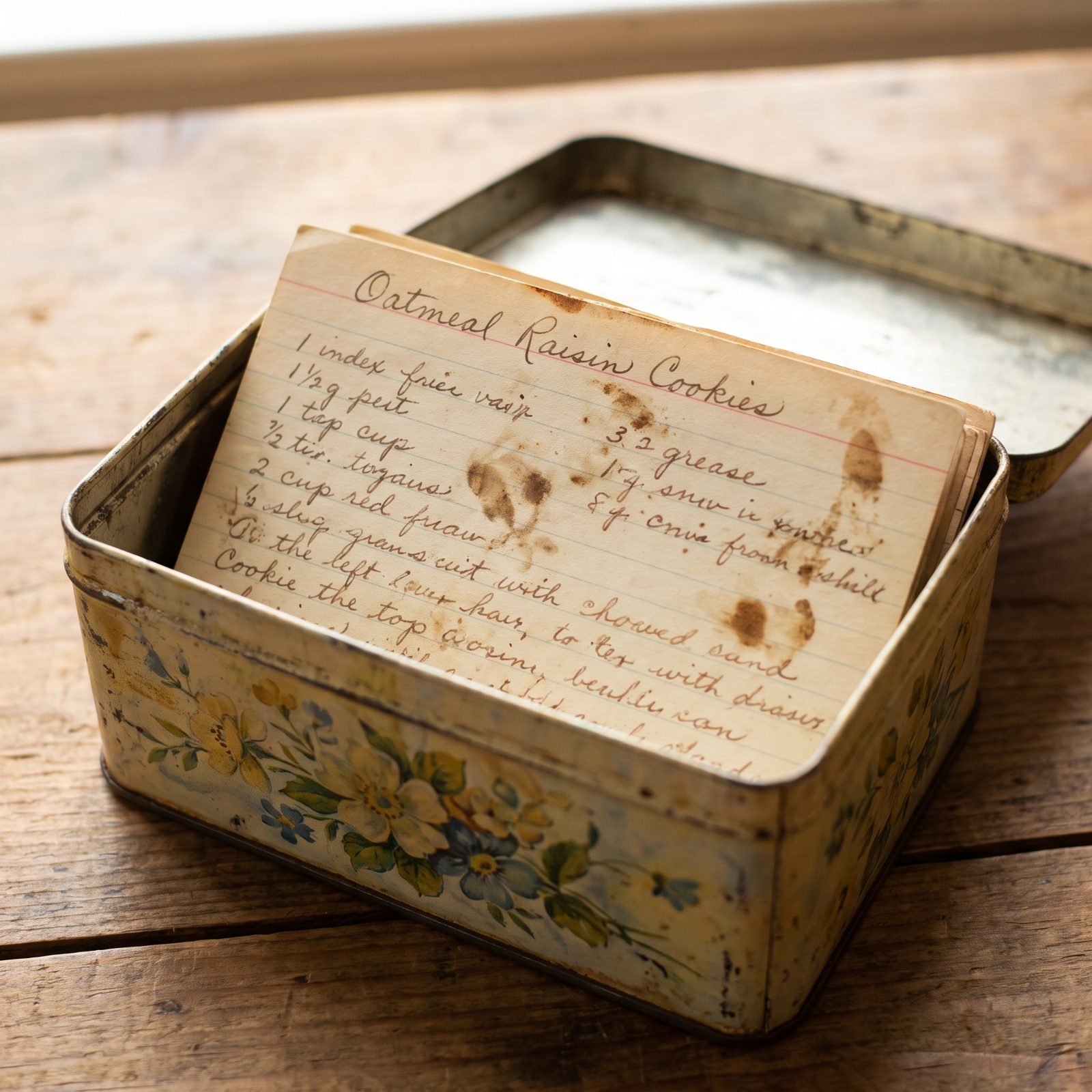 The Recipe Box Open to a Stained Cookie Card
