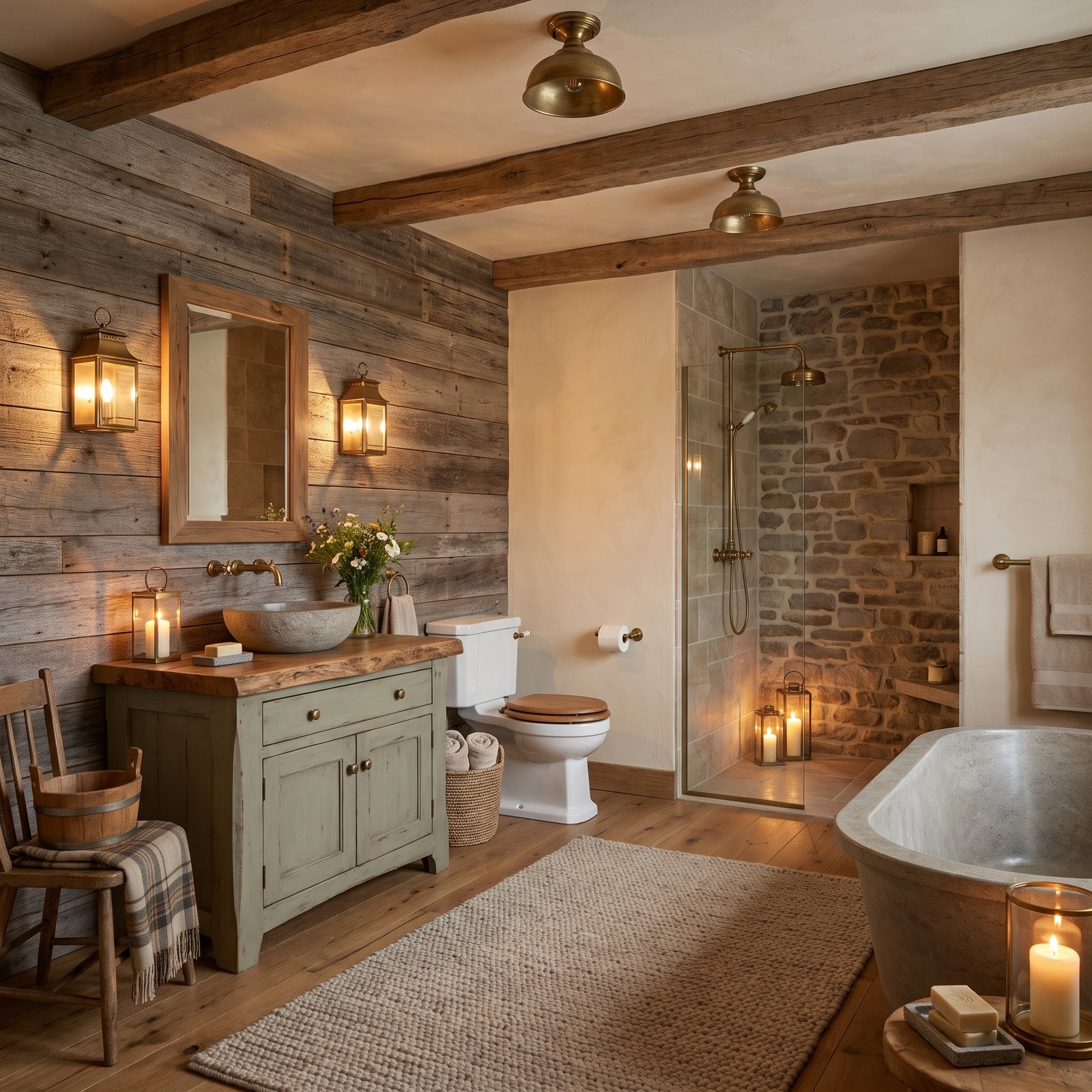 Reclaimed Barnwood and Fieldstone Around a Sage-Painted Vanity