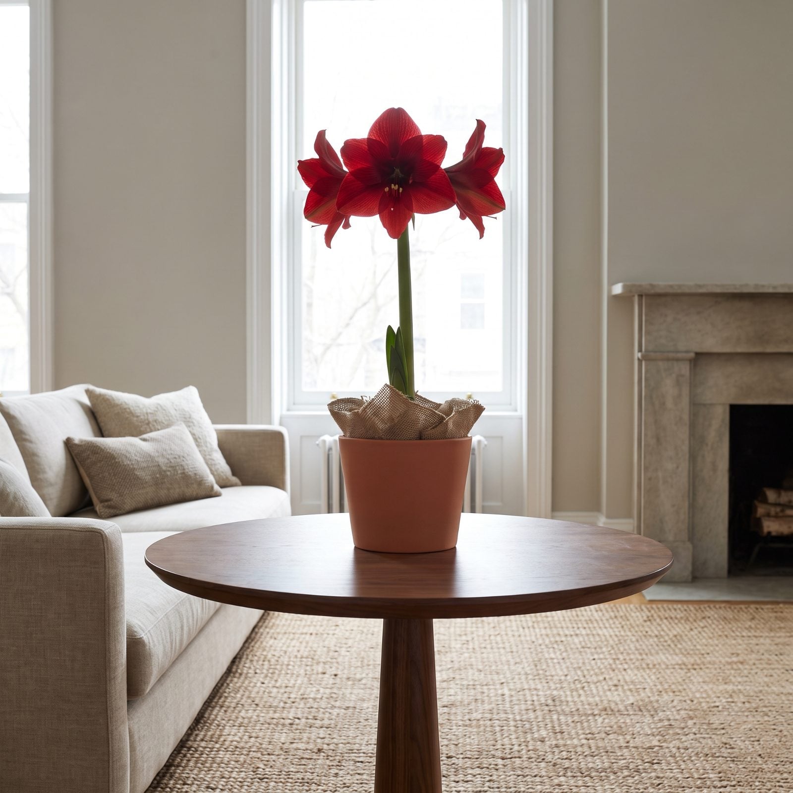 A Red Amaryllis as the Room's Only Holiday Color
