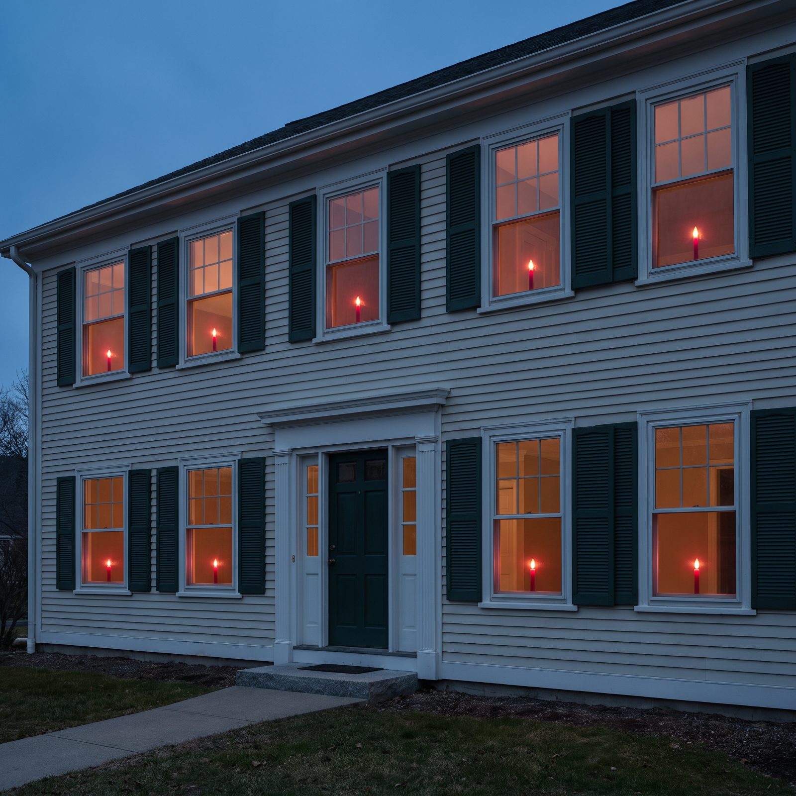Red Electric Candles Glowing in Every Front Window