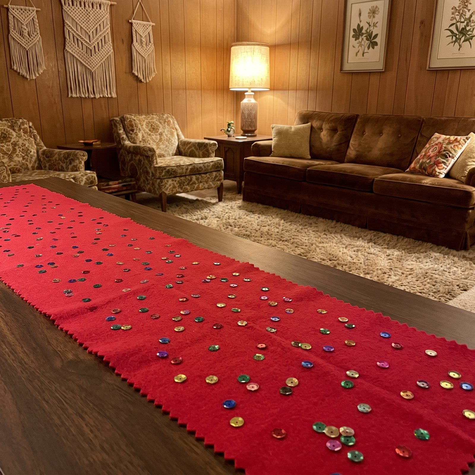 A Red Felt Table Runner With Glued Sequins