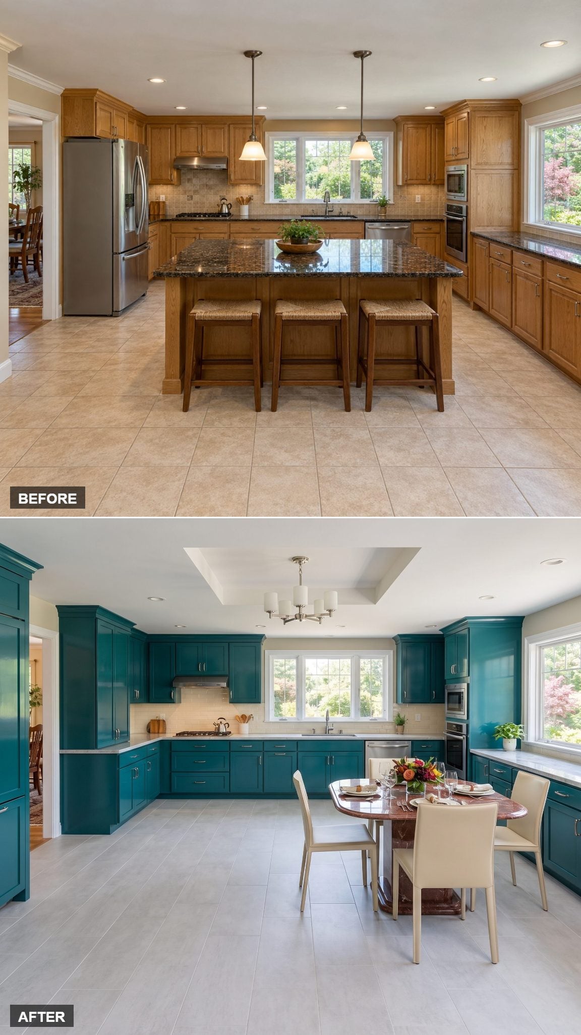 A Red-Marble Square Table Anchors a Peacock-Green Kitchen