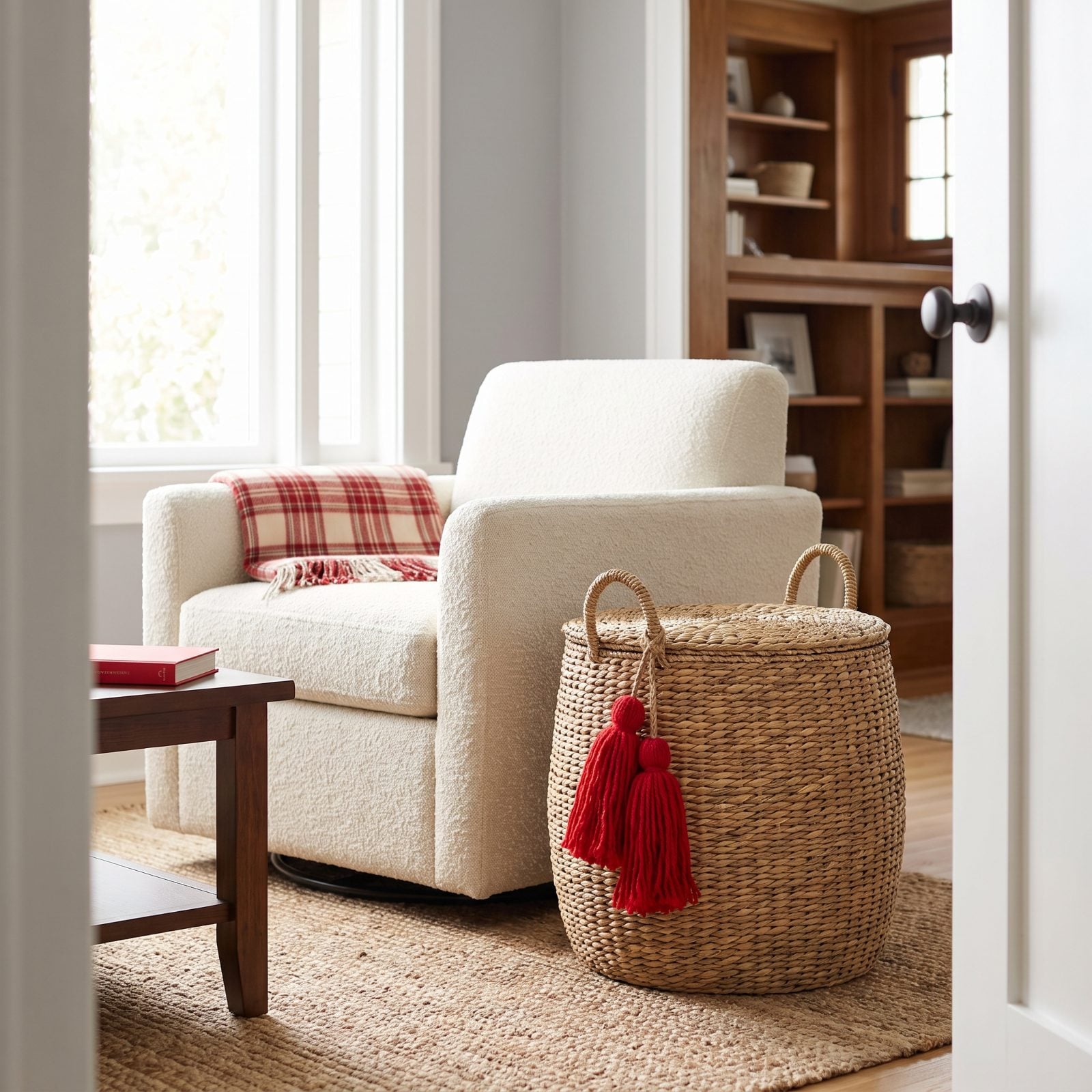 A Red Tassel Tied to a Lidded Storage Basket