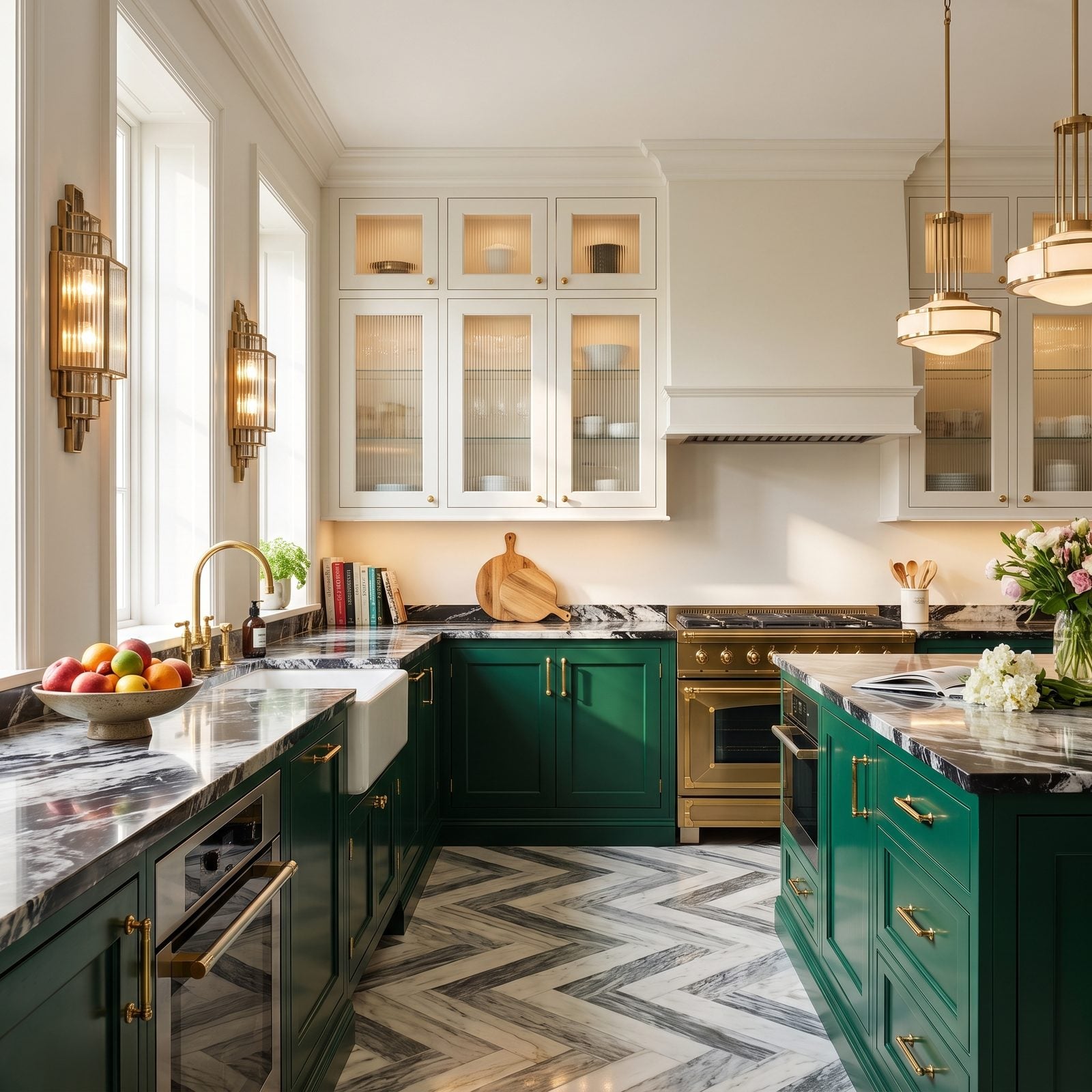 Kitchen with reeded glass-front cabinet doors: Reeded glass uppers glowing above emerald lacquered lowers and brass hardware.