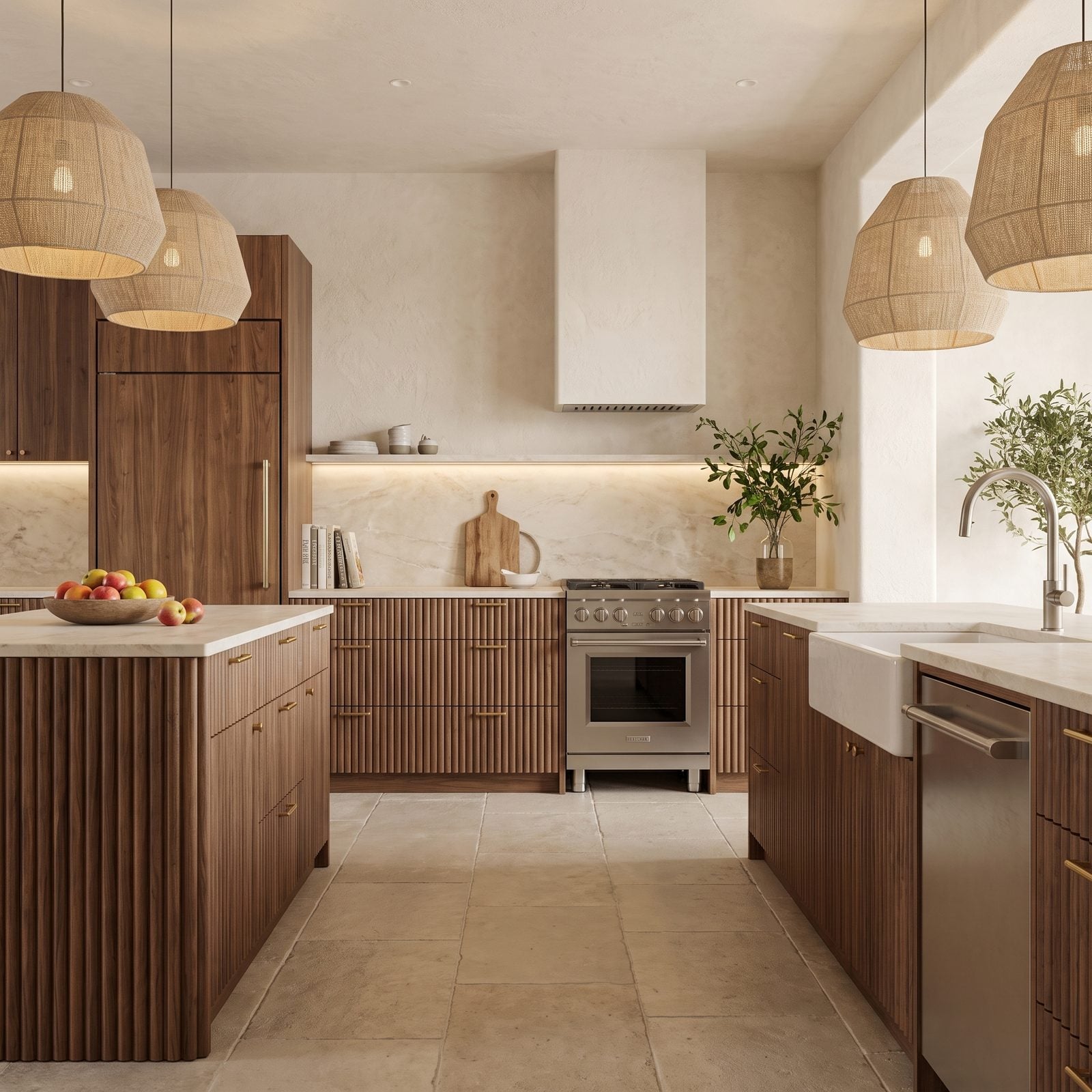 Kitchen with reeded cabinet doors: Reeded walnut lowers and island beneath cream plaster walls and quartzite.