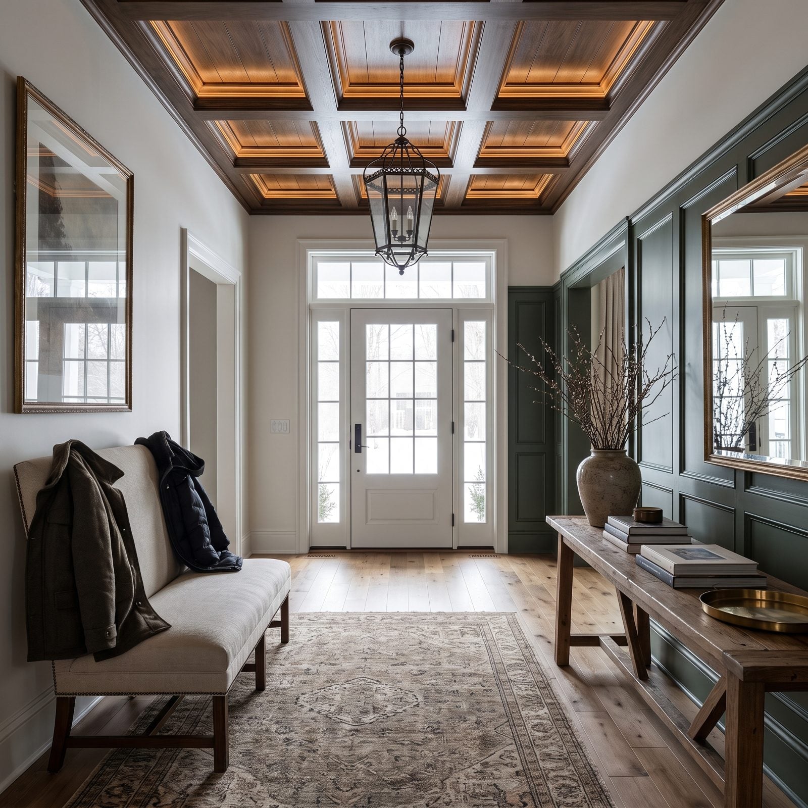 Open foyer with a console and wall hooks holding coats where an entry closet used to be.