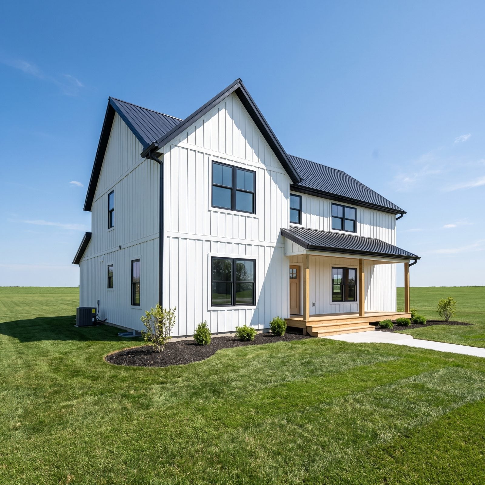 White farmhouse on a wide treeless lot with fresh sod and small foundation shrubs, fully exposed under flat midday sun.