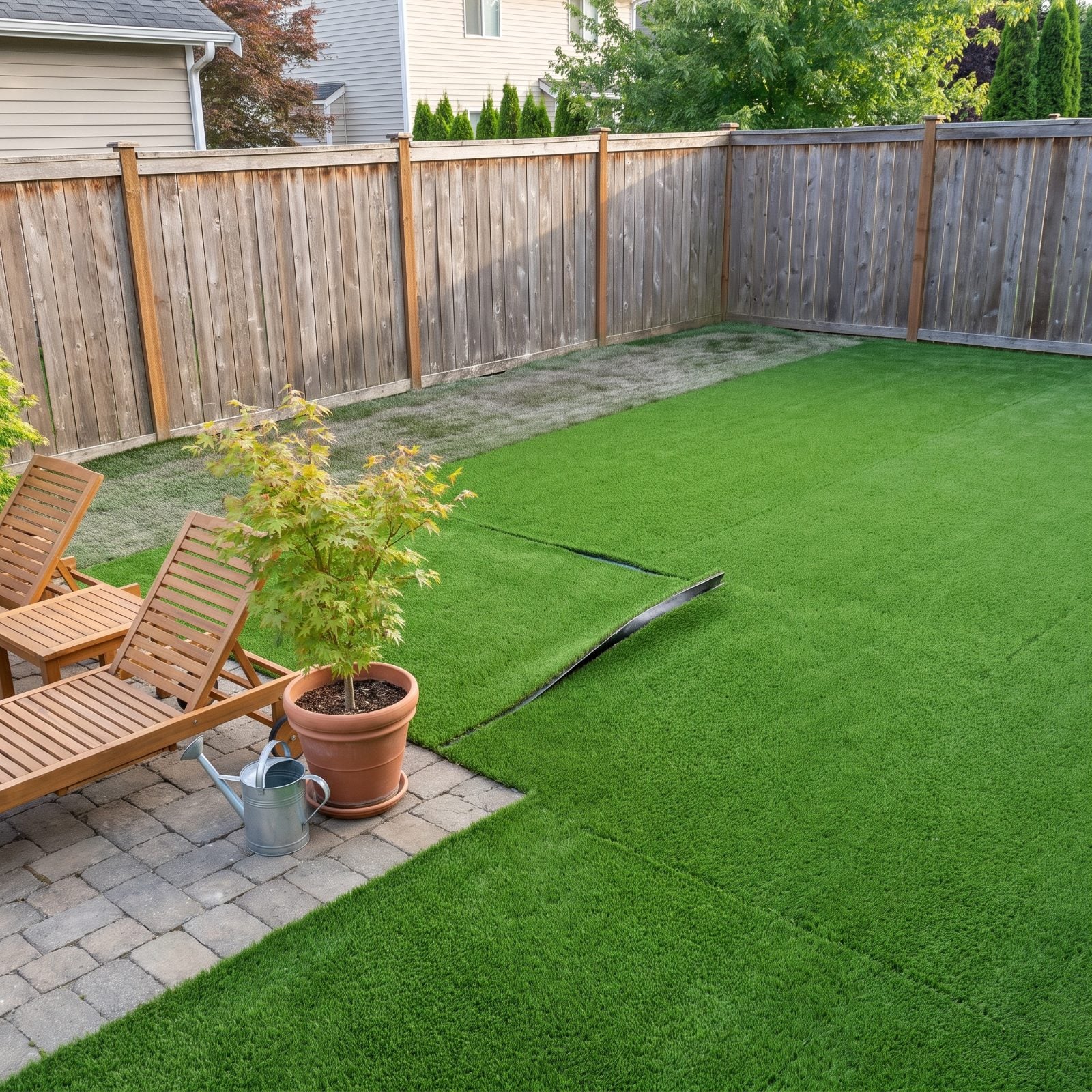 Suburban backyard covered wall-to-wall in artificial turf with a matted grey shaded strip and a lifted seam near the fence.