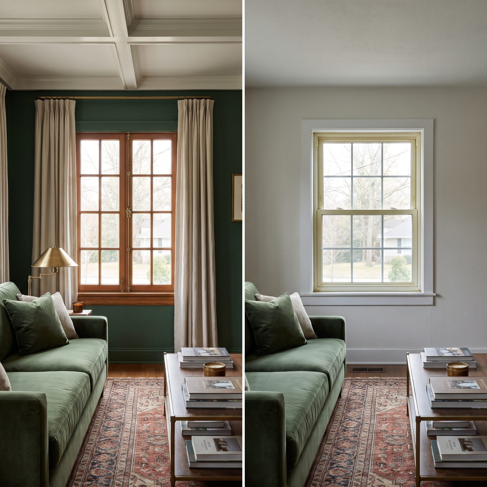 Period living room with new white vinyl replacement windows set into original deep window openings.