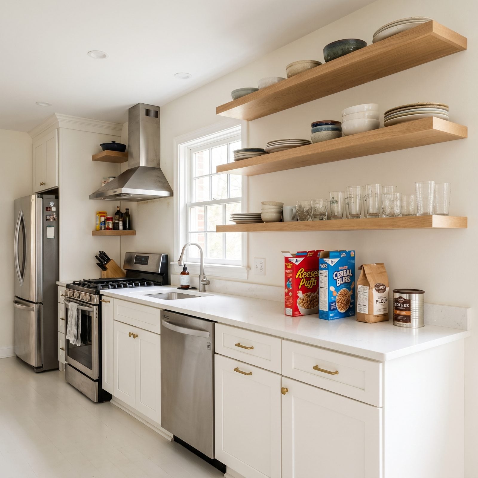 White kitchen with three long open oak shelves holding everyday plates, glasses, cereal boxes, and canned goods instead of