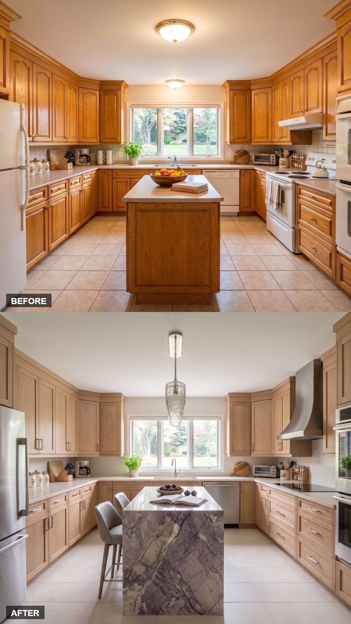 Restored natural oak kitchen with dramatic violet and smoky-gray amethyst-toned quartzite