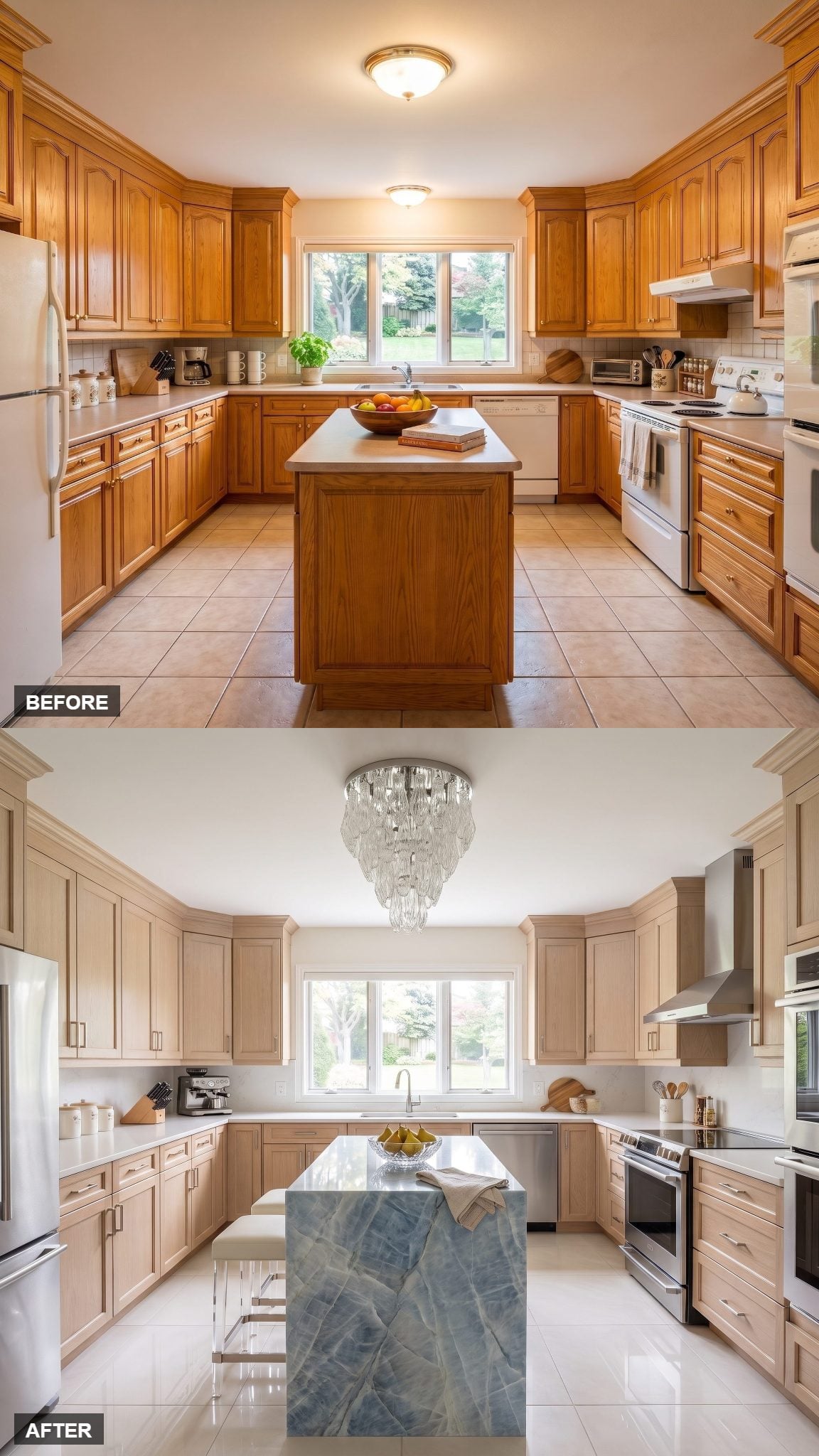 Restored oak kitchen with blue-veined quartzite and bookmatched waterfall island detailing
