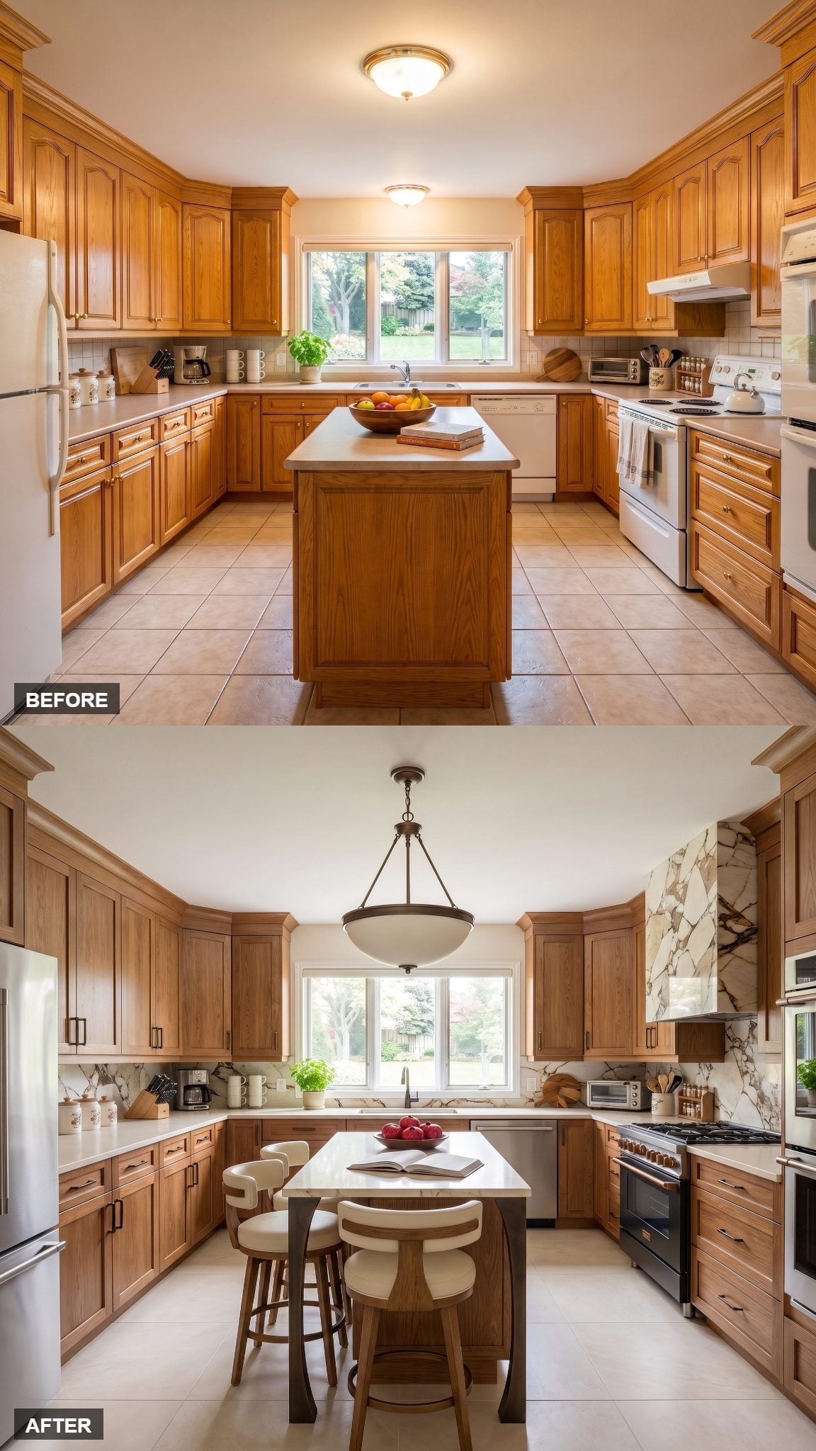 Restored medium-brown oak kitchen with monumental breccia-patterned stone cooking wall and hood