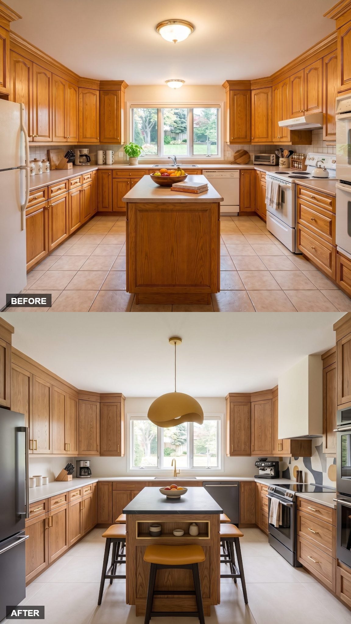 Restored oak kitchen with monumental ivory, charcoal, and ochre porcelain art mural