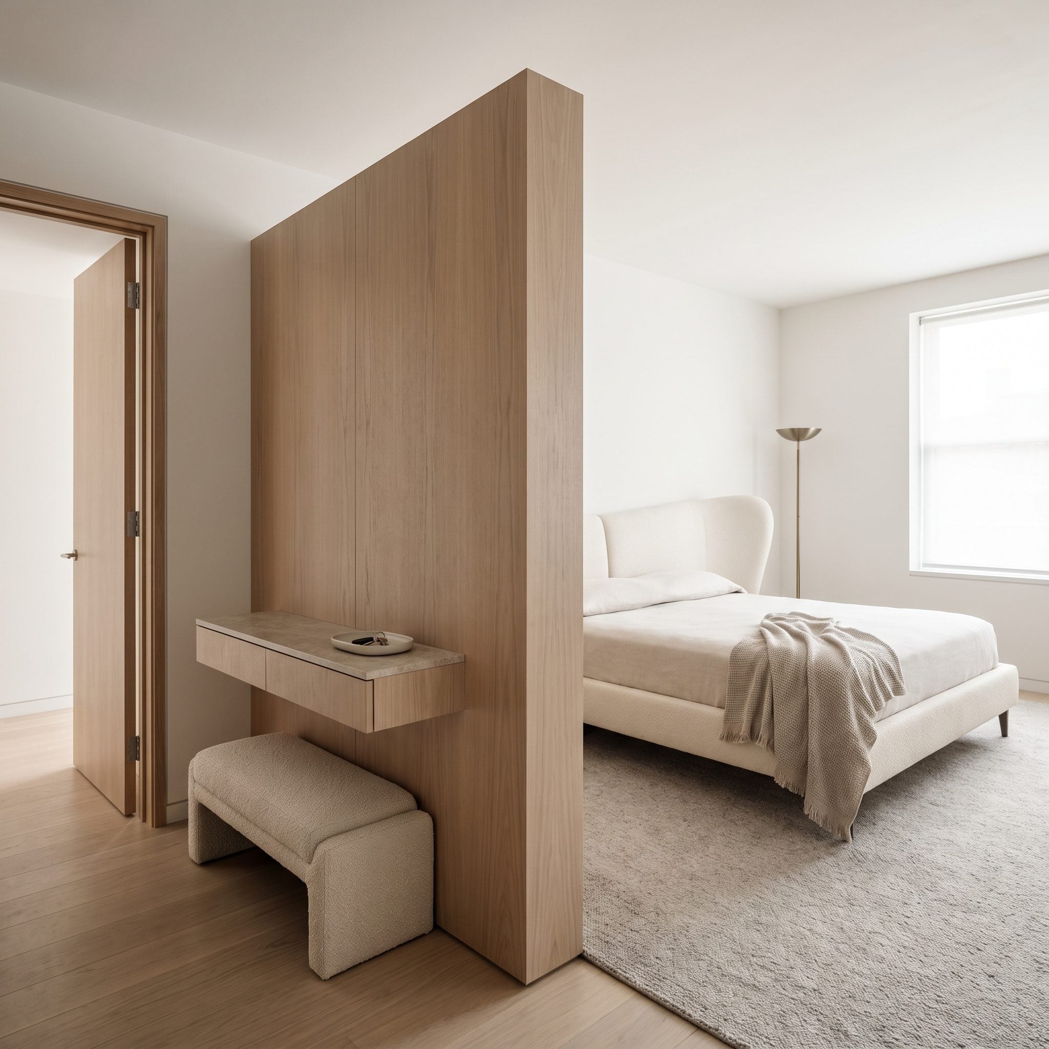 Bedroom entrance screened by a retained partition with a stone-topped console and upholstered shoe bench