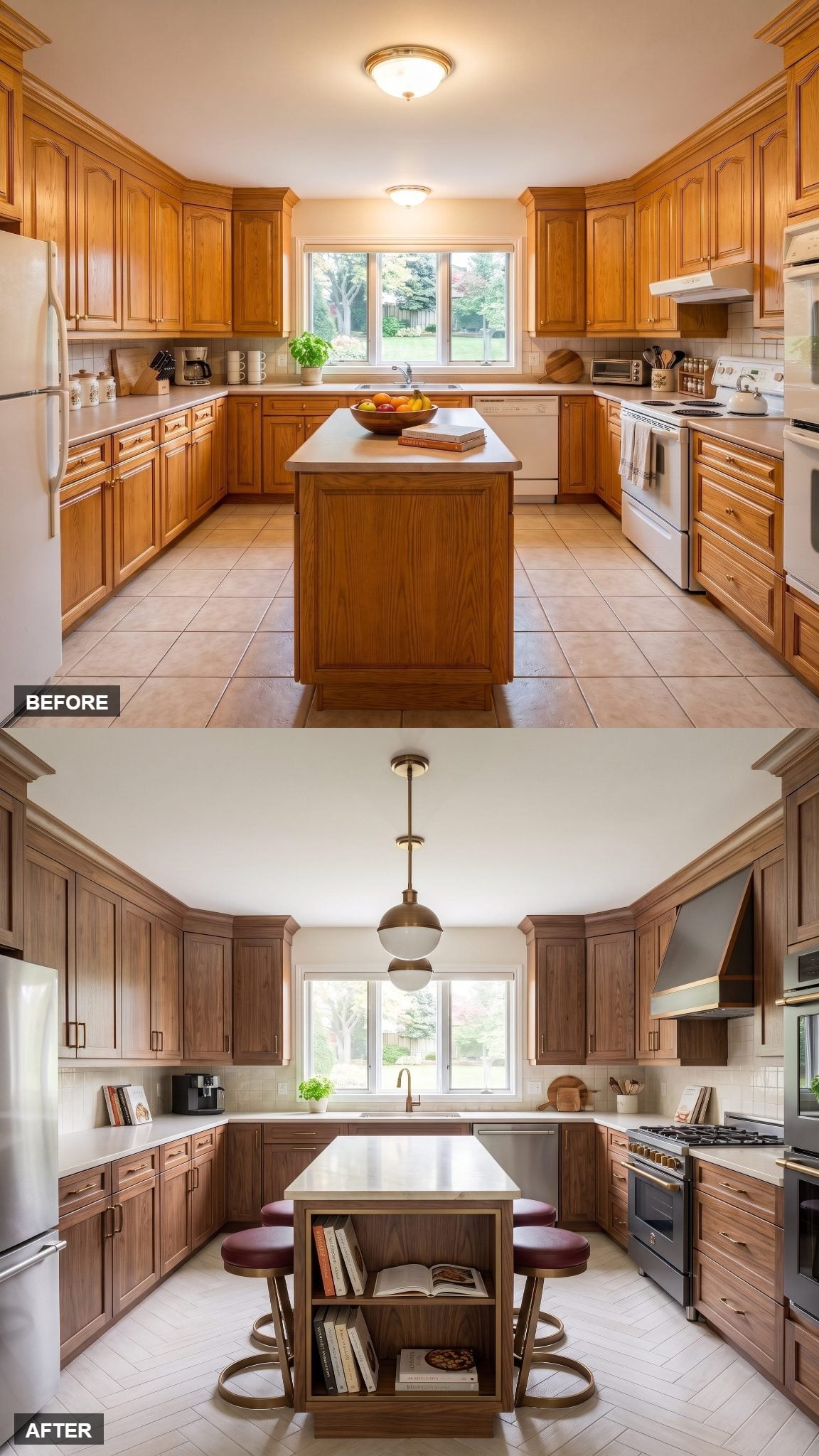 Rich oak kitchen with bronze-edged cookbook shelving integrated into the island