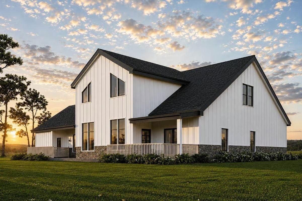 Board-and-Batten White with a Dark Roof That Actually Earns Its Curb Appeal
