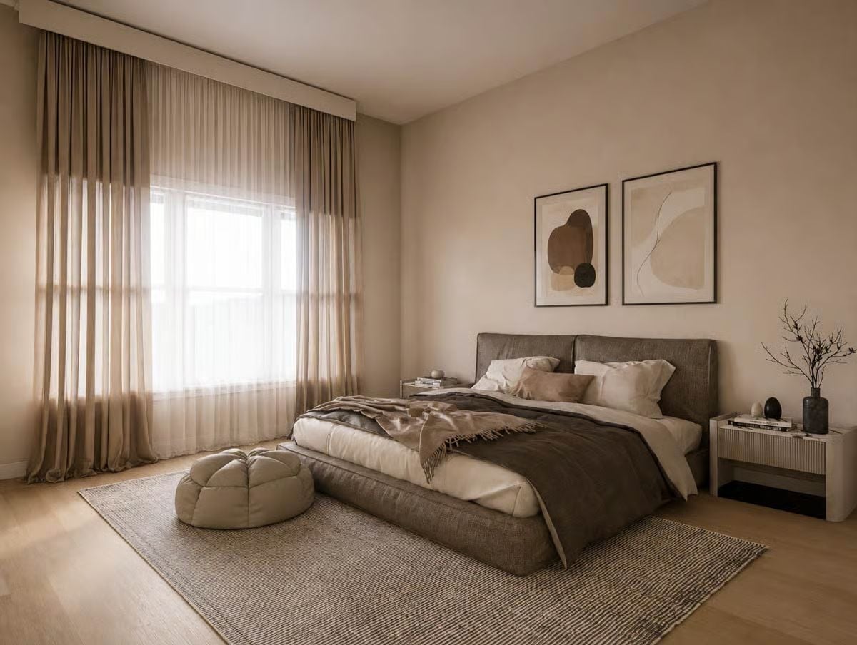Warm Neutrals and a Low-Profile Bed That Make the Room Feel Twice as Tall