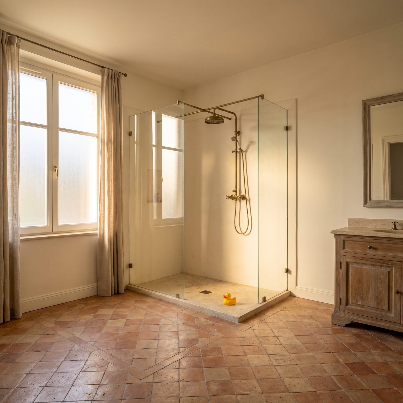 Renovated family bathroom with a large walk-in shower and no bathtub, a basket of children's bath toys on the floor.