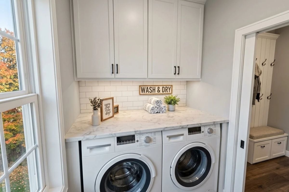 Marble Countertop Over Front-Load Machines Makes Laundry Feel Less Like a Chore