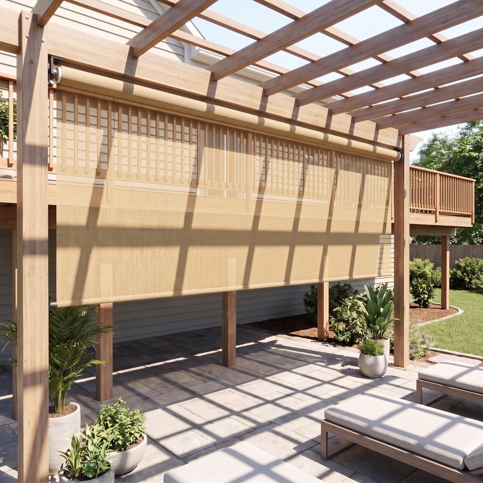 A Roll-Down Pergola Shade for Overhead Privacy