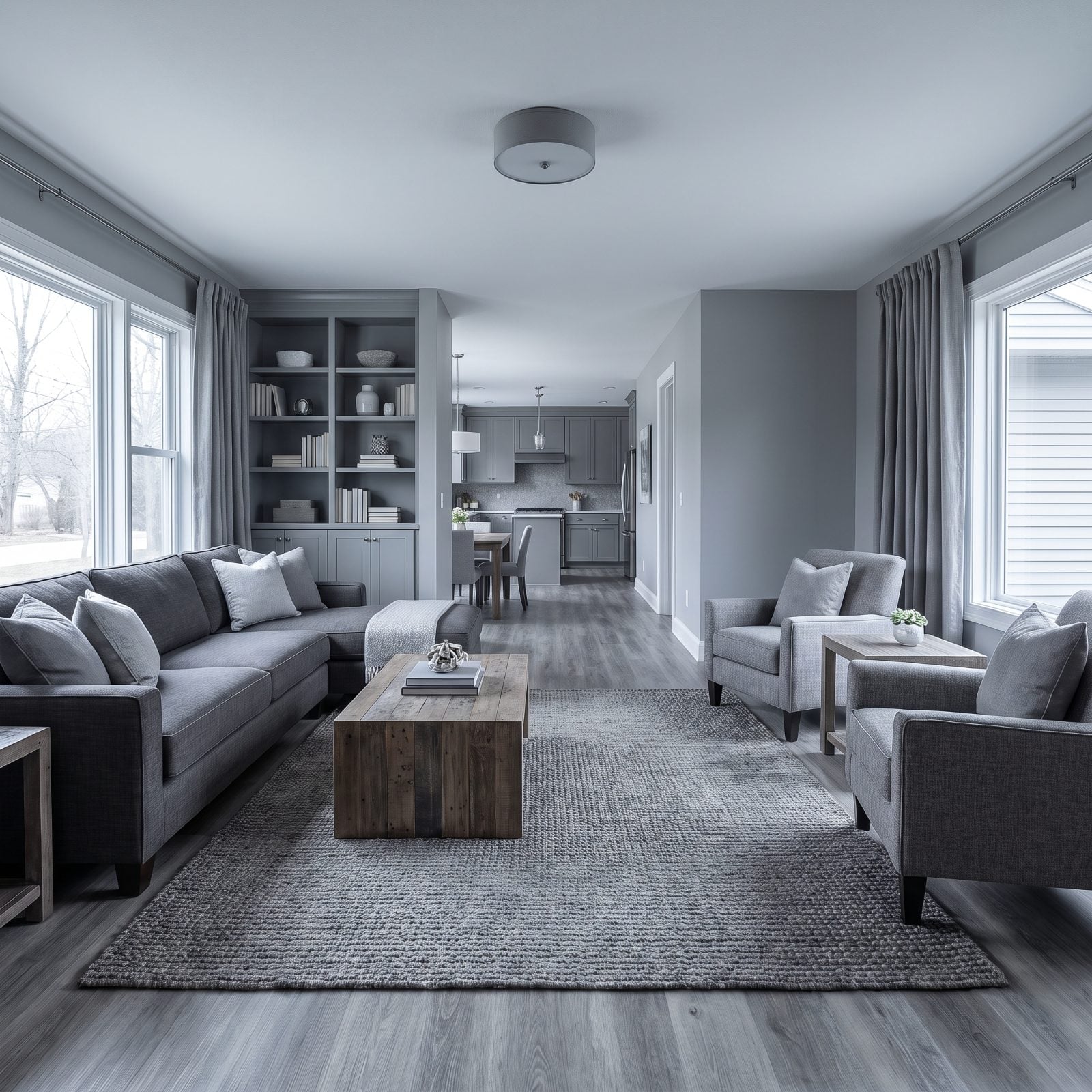 Open living area with cool gray vinyl plank flooring showing a sun-faded lighter stripe near the windows.