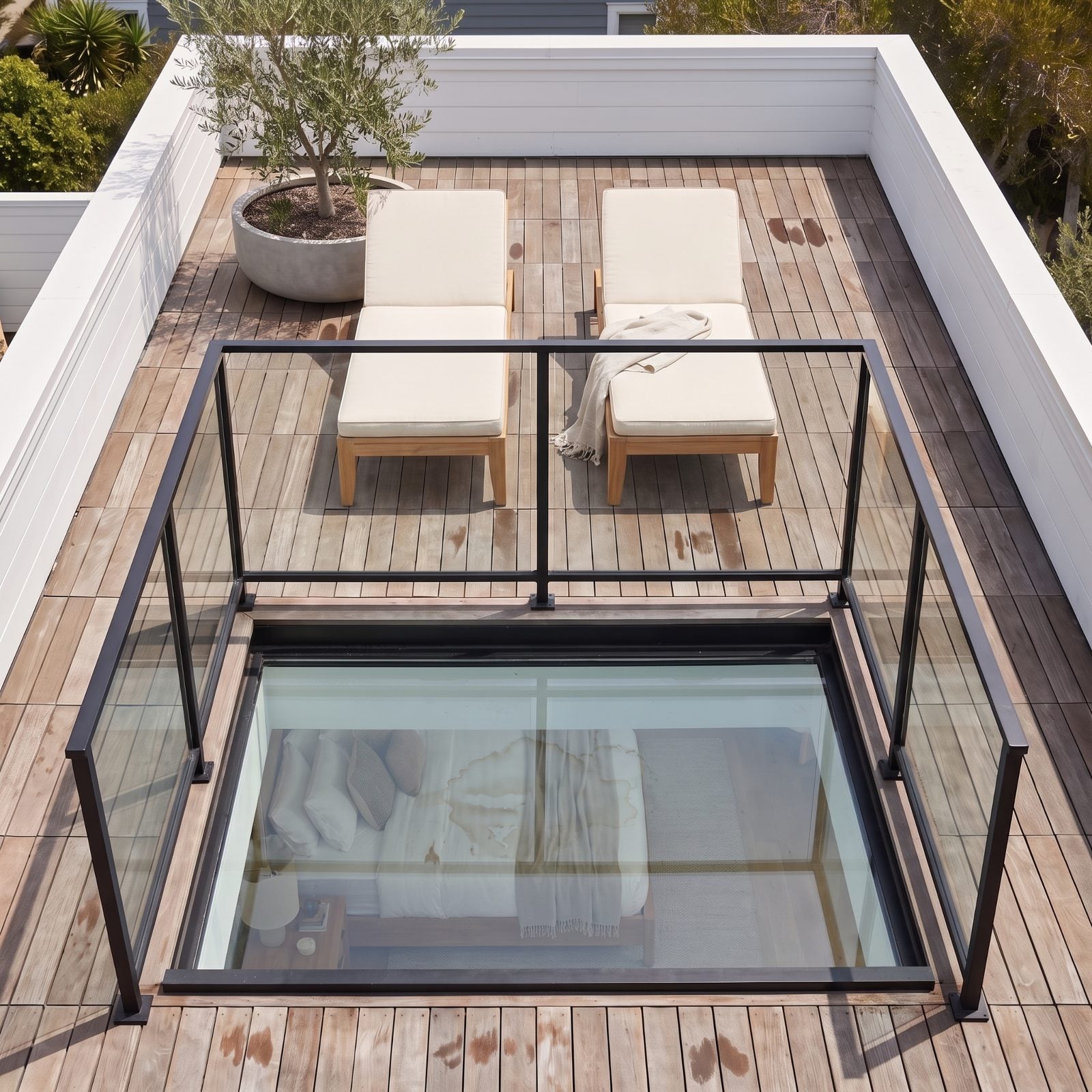 Rooftop deck with wood tiles over a roof membrane and a faint water stain on the ceiling of the room below.