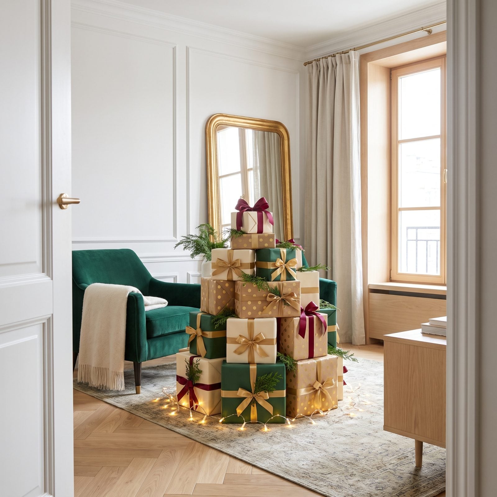 A Room Centered on a Tower of Wrapped Presents