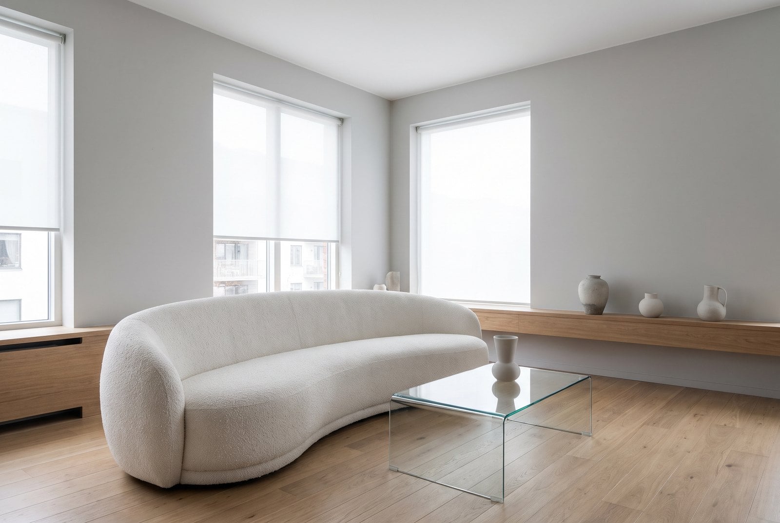 Minimal living room with a white bouclé sofa, grey walls and bare blinds