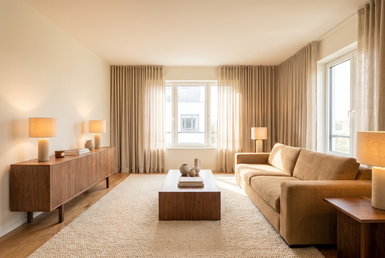 Warm living room with wood furniture, curtains and warm lighting
