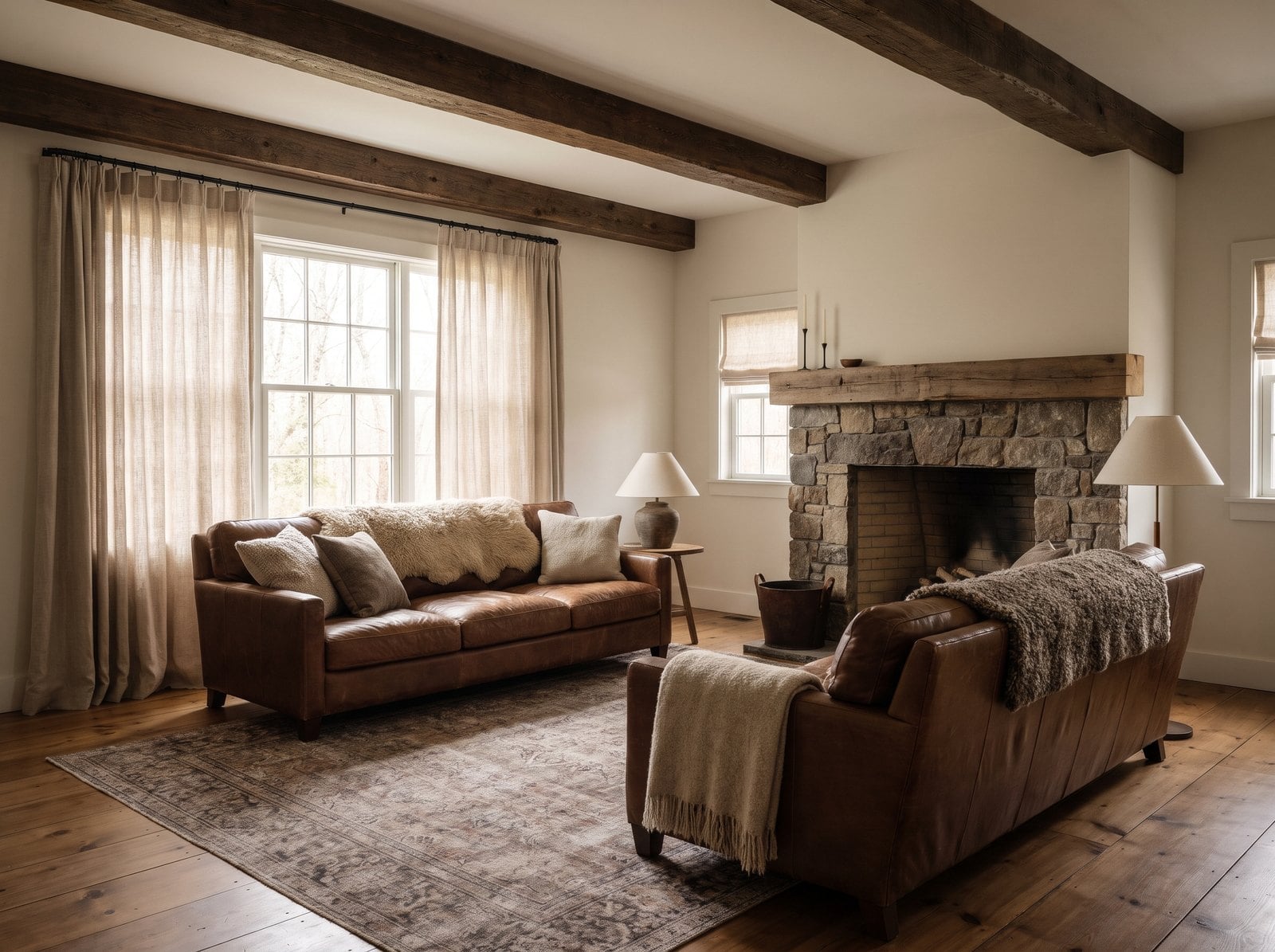 Warm, inviting living room with wood, a stone fireplace and soft lamp light