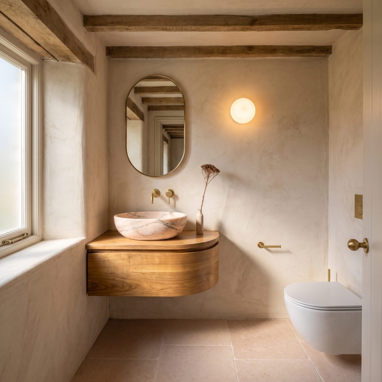 Rosa Português Basin Softened by a Curved Walnut Vanity