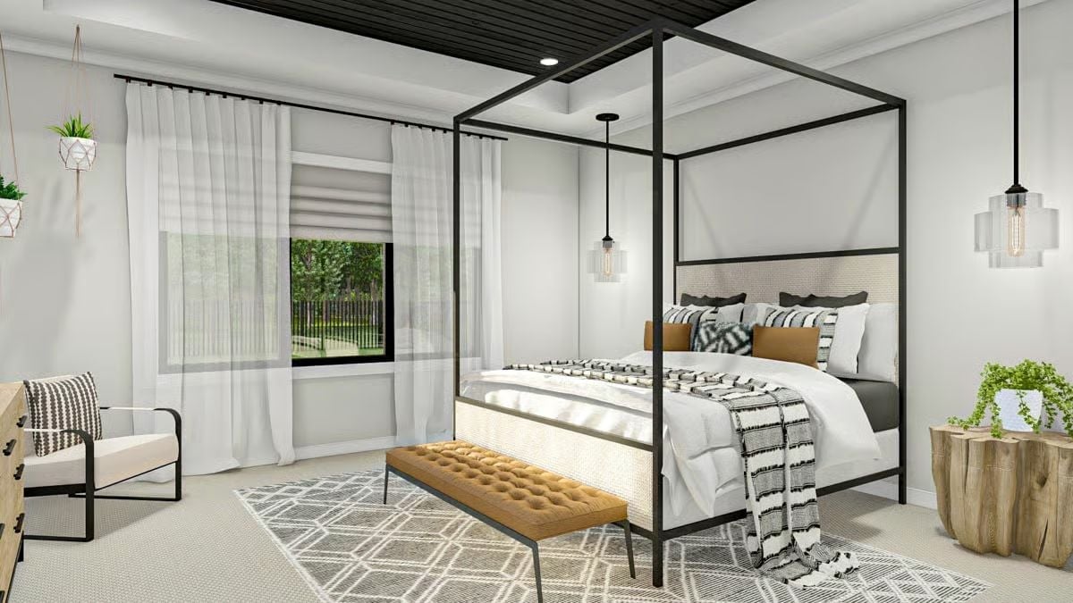 Black Canopy Frame, Tufted Bench, and Pendant Lights That Know Their Place